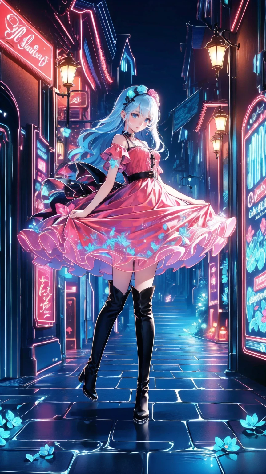 ( masterpiece : 1.2), (   very detailed: 1.2), (   very detailed CG: 1.2), (   high image quality: 1.2), (最   high image quality), 8k,   animated illustration  , 、   beautiful girls、とても cute天使、   pink gothic dress 、 cute、*********、smile、   long skirt、  Black Long Boots  、grey pink pants  ，Turquoise Eye， cute女性 *****，street，  Candy Store  ， sign，European Buildings，Slate pavement，Rose flower，
