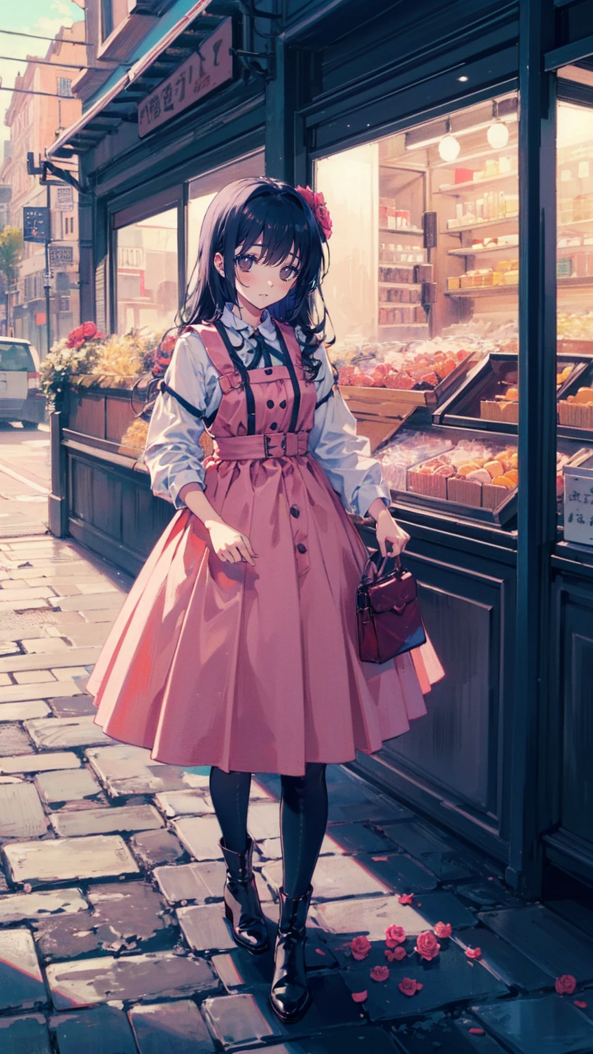 ( masterpiece : 1.2), (   very detailed: 1.2), (   very detailed CG: 1.2), (   high image quality: 1.2), (最   high image quality), 8k,   animated illustration  , 、   beautiful girls、とても cute天使、   pink gothic dress 、 cute、*********、smile、   long skirt、  Black Long Boots  、grey pink pants  ，Turquoise Eye， cute女性 *****，street，  Candy Store  ， sign，European Buildings，Slate pavement，Rose flower，
