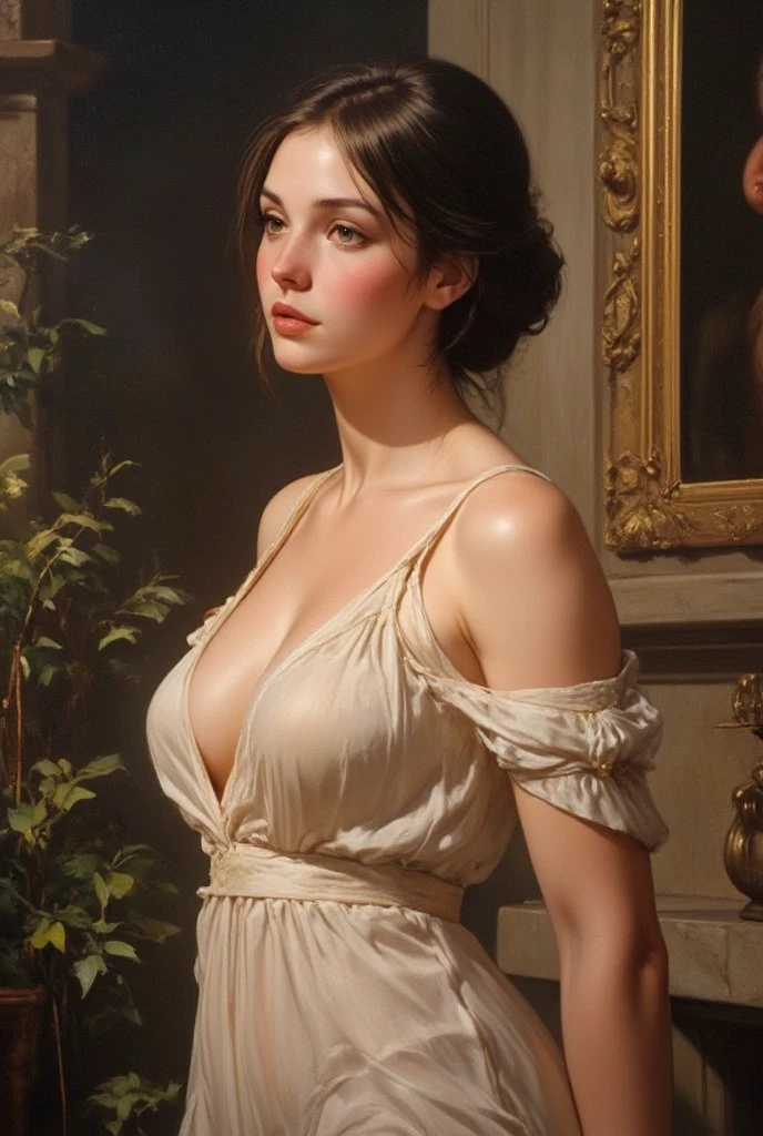 A painting drawn in the style of Raphael, a beautiful Caucasian woman with large breasts dressed in a transparent dress.