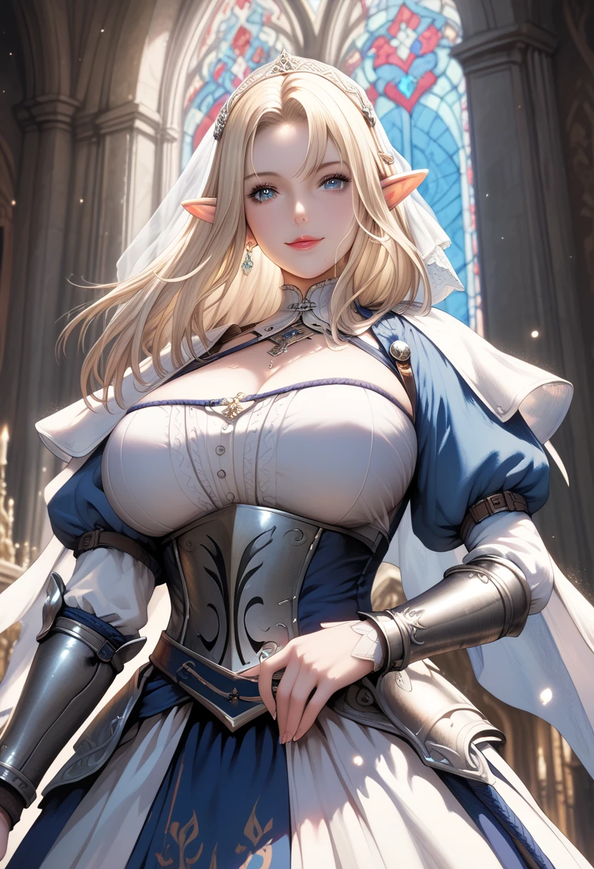 a female elf with a sexy body figure, hunting, medieval theme, pointy ears, ((MILF)), seducing smile, seducing looking, (((masterpiece))), ((best quality)), ((intricate detailed)), a sexy woman with elf attributes cloths, (huge breast), bracers, pauldrons, perspective, highly detailed, illustration, 1 girl, perfect hands, detailed fingers, beautiful detailed eyes, long hair, blonde hair (fantasy:1.2), armor, detailed background, at the castle, bedroom, royal, painting on the wall, fierce look, looking at the viewer, from the front,
