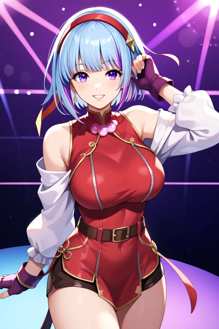 score_9_up, score_8_up, score_7_up,score_6_up, score_5_up, score_4_up , 1girl, solo, ((SPLIT-COLOR HAIR)), ((light blue hair)), ((purple hair)), AthnaKOFXV, purple hair, purple eyes, short hair, red hairband,pearl (gemstone), off-shoulder, white sleeves, fingerless gloves, short china dress, thighs, KULA DIAMOND XV, long hair, breasts, smile, gloves, large breasts, belt, bodysuit, zipper, cropped jacket, flirting, cowboy shot, stage lights, concert, stage 