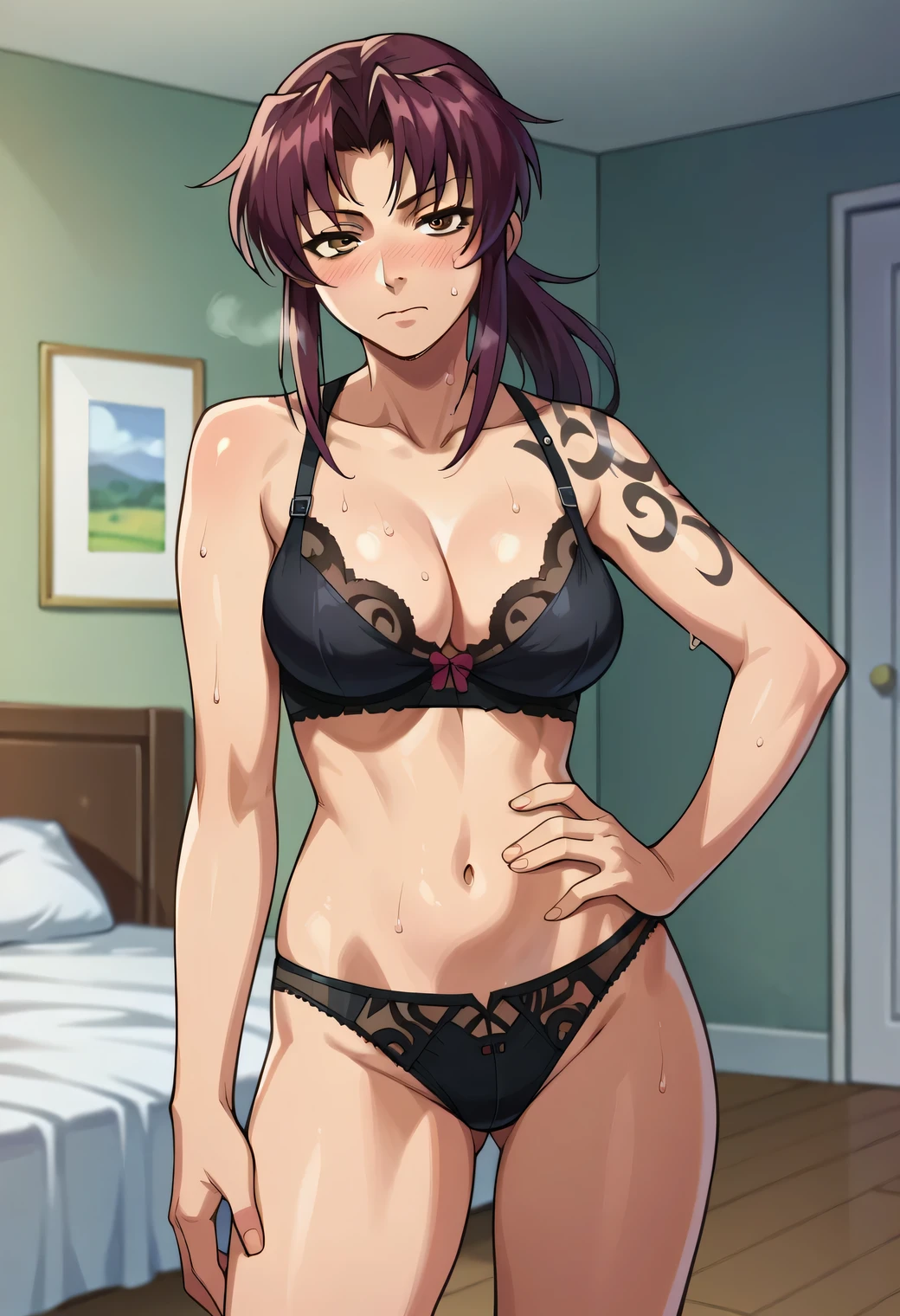 score_9, score_8_up, score_7_up,anime_source, source_anime, best background, Revy, 1girl, solo, revy, purple hair, brown eyes, shoulder tattoo, long hair, ponytail, looking at viewer, black lingerie, black lace panties, black lace bra, standing, bedroom, naughty, nose blush, sweat, sweaty, sweaty:1.3, right hand on hip
