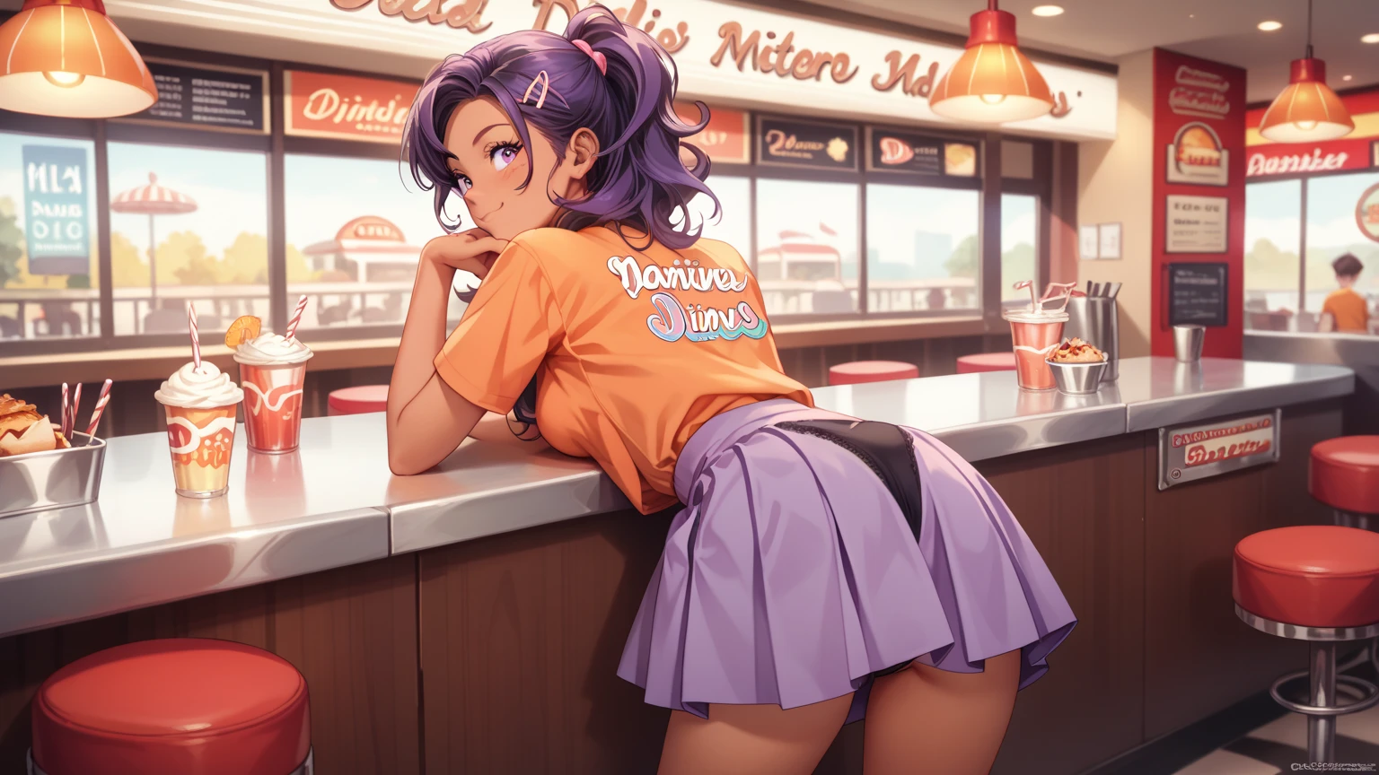 rating_safe, score_9, score_8_up, score_7_up, source_anime, masterpiece, best quality, solo, 1girl, wondering face, firm breasts(she is wearing pastel orange shirt, pastel purple skirt,black panties , tan) ( standing bending forward, counter,look back ,rear shot view),diner, best quality, 8k,