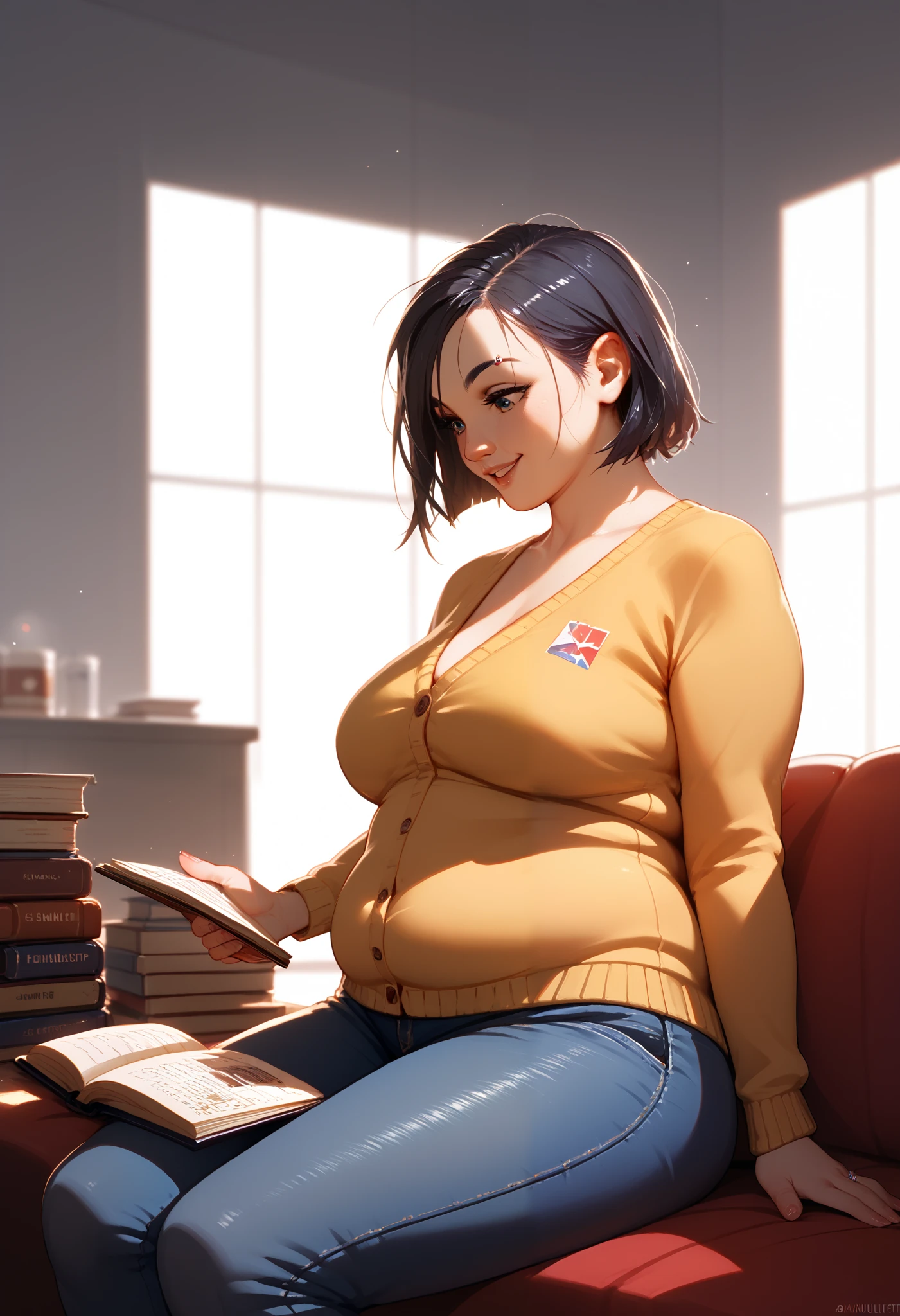 One plump girl, , bottom heavy, belly overhang, reading a book, volumetric lighting, (detailed background), (inside a dark bar) skinny jeans, (small smile, arched eyebrow), regal nose, large upper lip, small eyes, (mullet hairstyle), wearing silver rings on her fingers, one hand on her belly, mullet hair, cardigan, 
mullet-cut, obese girl