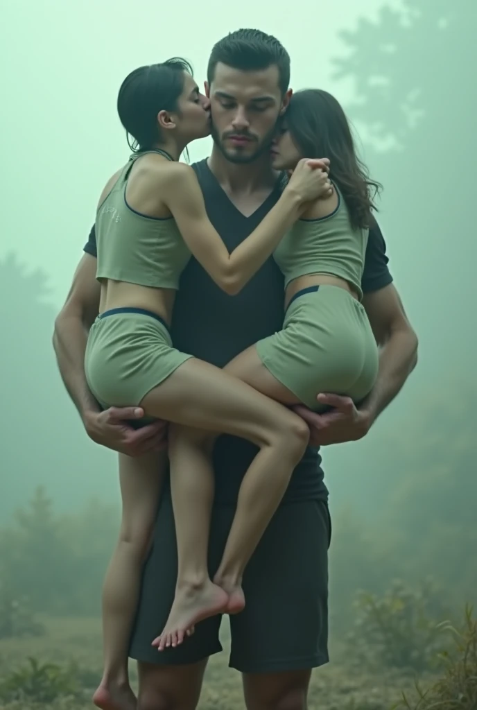 black hair, White skinned, black sweatpants, barefoot, braless woman having picnic with male friends.
