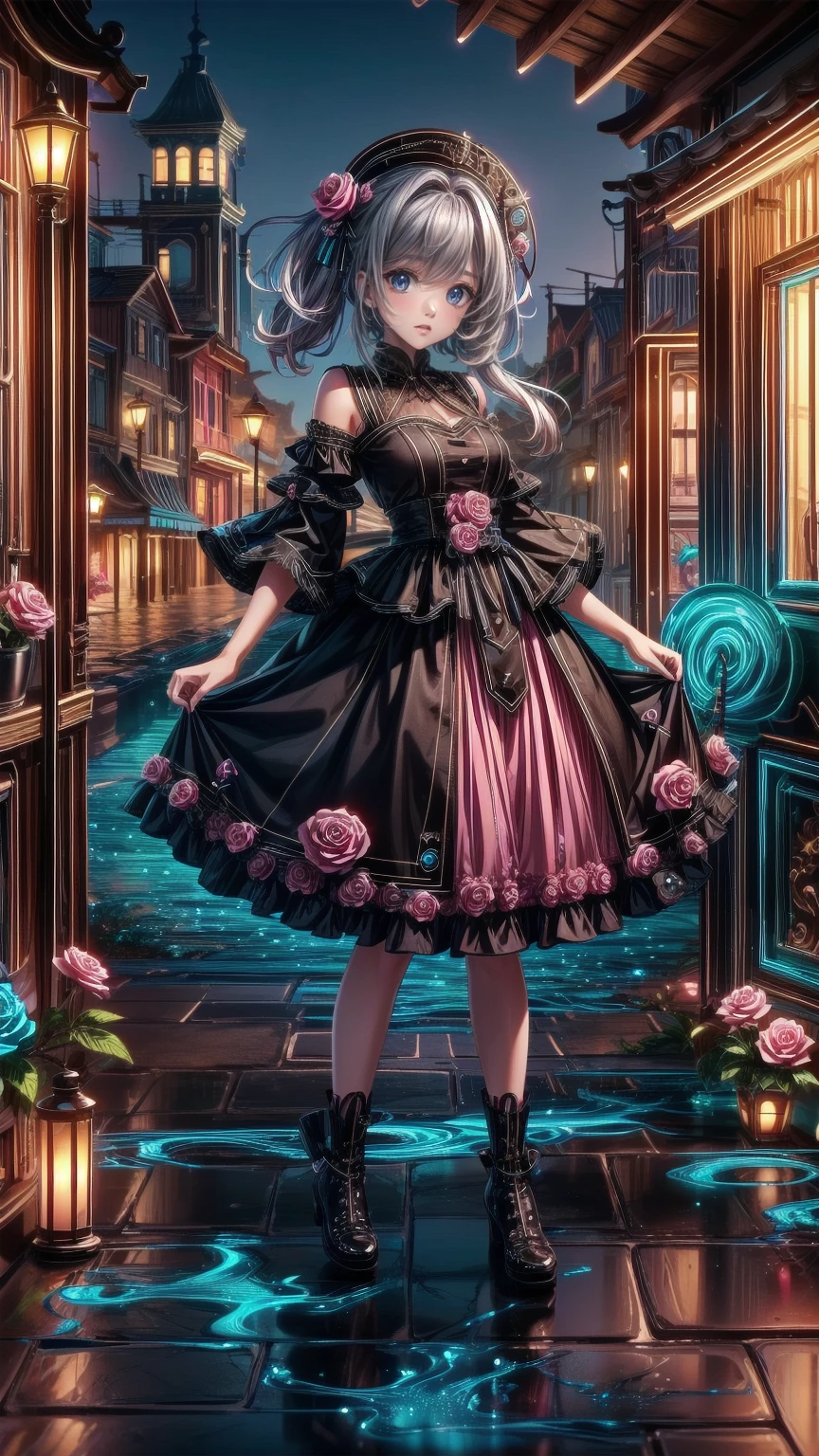 ( masterpiece : 1.2), (   very detailed: 1.2), (   very detailed CG: 1.2), (   high image quality: 1.2), (最   high image quality), 8k,   animated illustration  , 、   beautiful girls、とても cute天使、   pink gothic dress 、 cute、*********、smile、   long skirt、  Black Long Boots  、grey pink pants  ，Turquoise Eye， cute女性 *****，street，  Candy Store  ， sign，European Buildings，Slate pavement，Rose flower，
