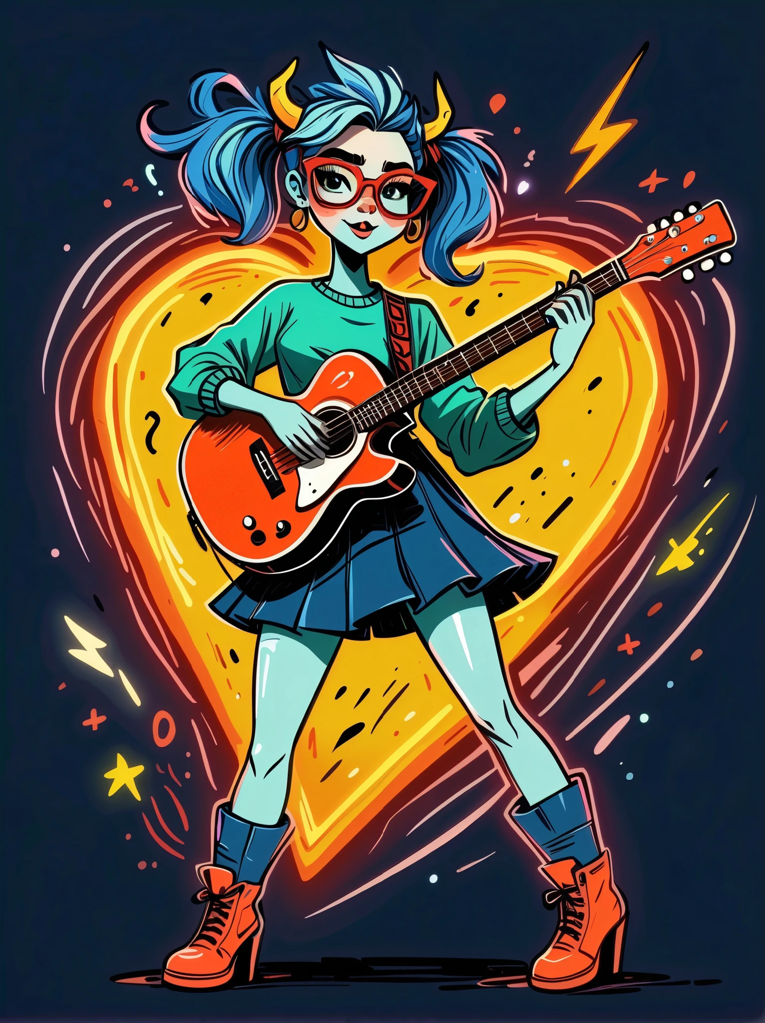 Cartoon hand drawn, 1girl, solo, Lightning energy,Electricity elements,Love tiara,Wearing large heart-shaped glasses,Double ponytail,Blue Highlight Lightning,Wearing bright blue and green square clothes,high-heel boots,Playing guitar,the guitar player, The color palette is in red, orange and black tones and has a sketchy style, The background should have a simple hand-drawn doodle pattern