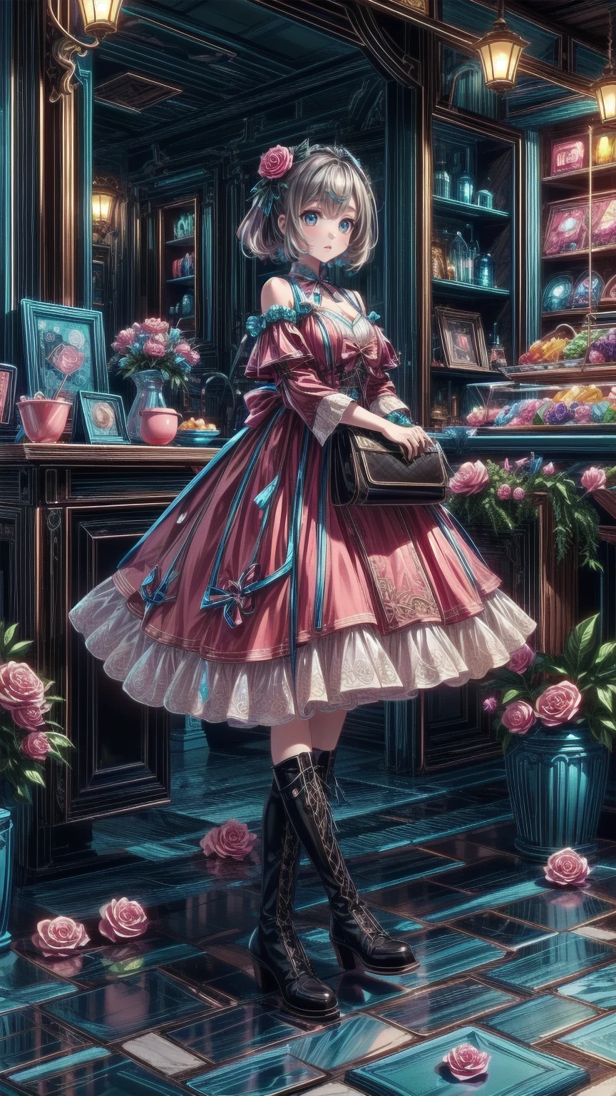 ( masterpiece : 1.2), (   very detailed: 1.2), (   very detailed CG: 1.2), (   high image quality: 1.2), (最   high image quality), 8k,   animated illustration  , 、   beautiful girls、とても cute天使、   pink gothic dress 、 cute、、smile、   long skirt、  Black Long Boots  、grey pink pants  ，Turquoise Eye， cute女性 ，street，  Candy Store  ， sign，European Buildings，Slate pavement，Rose flower，
