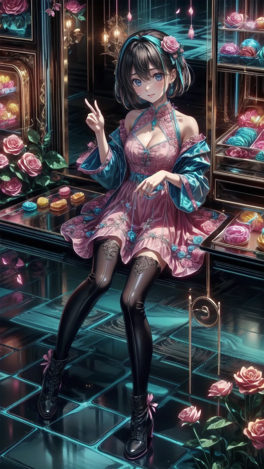 ( masterpiece : 1.2), (   very detailed: 1.2), (   very detailed CG: 1.2), (   high image quality: 1.2), (最   high image quality), 8k,   animated illustration  , 、   beautiful girls、とても cute天使、   pink gothic dress 、 cute、*********、smile、   long skirt、  Black Long Boots  、grey pink pants  ，Turquoise Eye， cute女性 *****，street，  Candy Store  ， sign，European Buildings，Slate pavement，Rose flower，
