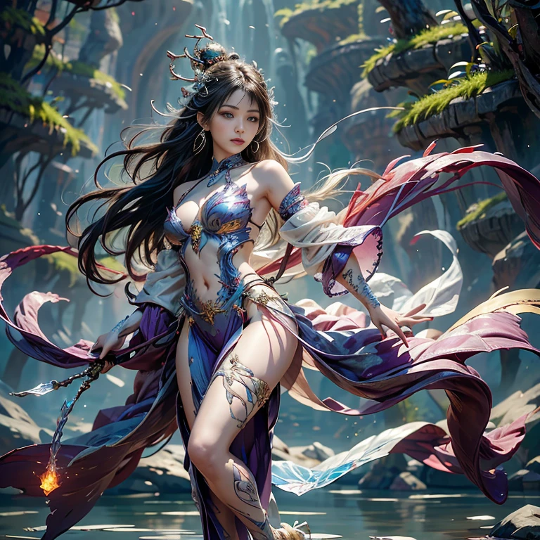 offcial art,统一 8k 壁纸,ultra - detailed,Beauty and aesthetics,high high quality,tmasterpiece,Best quality at best,(zentangle,datura,Tangles,entangled:0.6),jungles,the elf,Large breasts,wildness,Holding a bow,Fighting posture,dramatics,Photorealistic, Super detail, Masterpiece, Best quality, A high resolution, 8K,(full body shot shot)