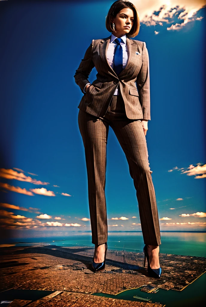 view from outer space of an approaching young giga giantess, Giantess art, 500 miles tall giga giantess, young sophisticated and stylish woman in a light grey italian pinstriped double breasted trouser suit, form fitting crisp office shirt, and a large wide light blue necktie in a windsor knot, with a beautiful, curvaceous figure, large natural breasts, and short blonde pixie hair, with a curvaceous figure and massive breasts. wearing blue rounded court high heels with uncovered feet and standing, rampage-like pose, with a city skyscrapers background of mega-city, skyscapers, bright daylight, cloudy atmosphere. The image is a high-resolution, masterpiece-quality, cinematic, ultra-detailed, and hyper-photorealistic photograph, with perfect hands, face, and lighting. ultra-detailed, 8K, photo-realistic, hyper-realistic, masterpiece, intricate details, full body view. Looking pasted camera, The image is a high-resolution, masterpiece-quality, cinematic, ultra-detailed, and hyper-photorealistic photograph, with perfect hands, face, and lighting. ultra-detailed, 8K, photo-realistic, hyper-realistic, masterpiece, intricate details, from high above