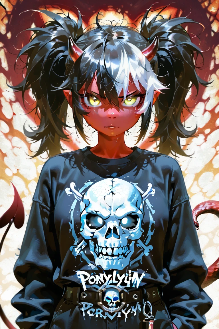 Female gamer logo with the name Devilyn and a Cute small Demon Girl with medium long black hair with white streaks , (oily messy hair) , (ponytails), skull color deamon horns, snake yellow eyes, red skin in the background