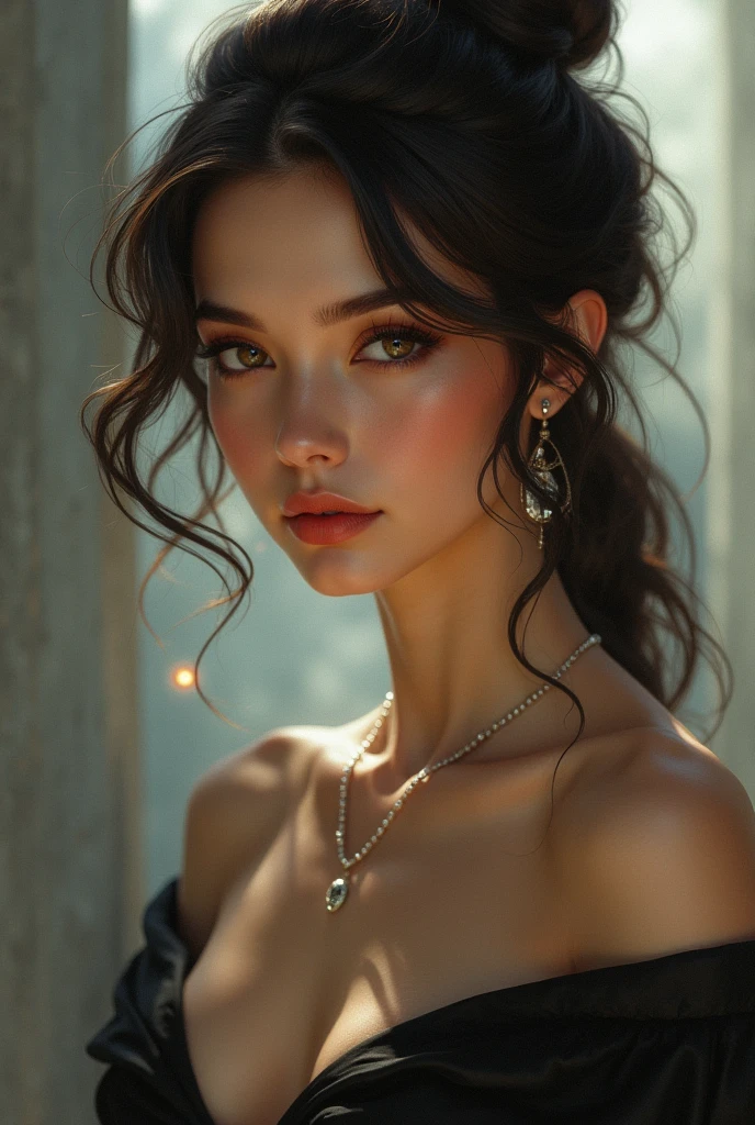 (masterpiece), best quality, perfect woman, makeup, elegant hairstyle, from above, cinematic lighting, bokeh, city ligths, river, sexy posture, desire
