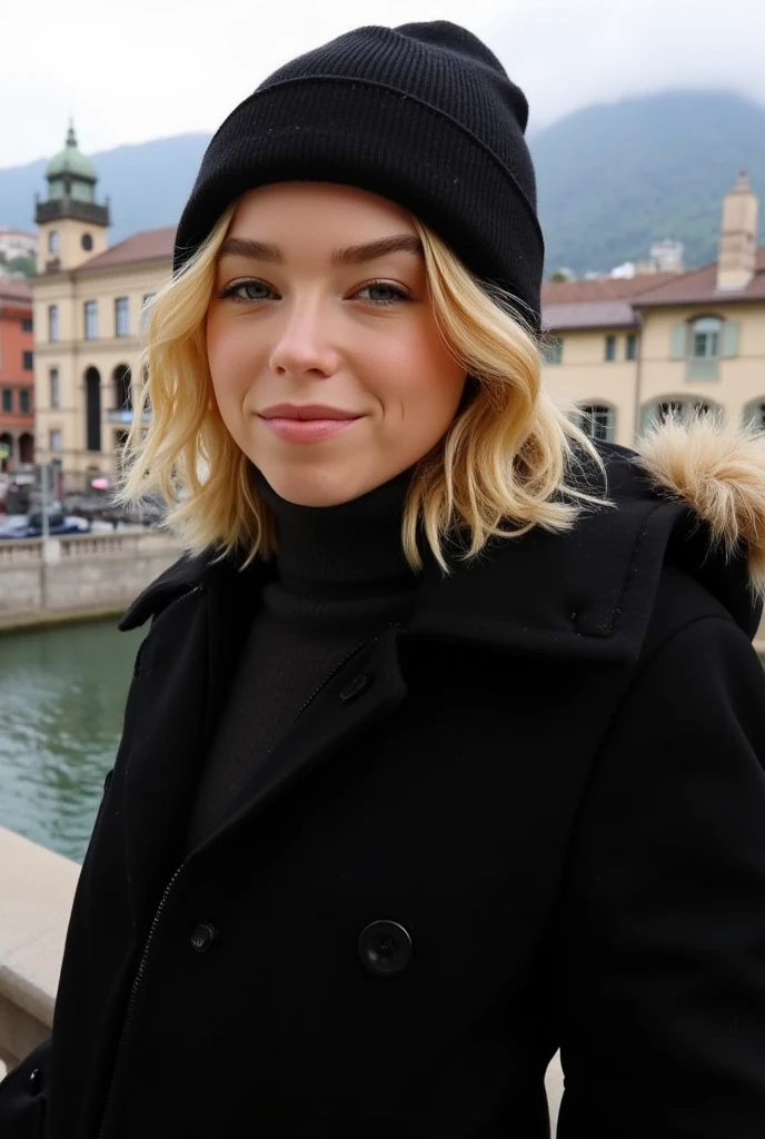 Milly Alcock, blonde hair,black beanie, black winter jacket, turtleneck sweater, small smile, in the background the city of Como 