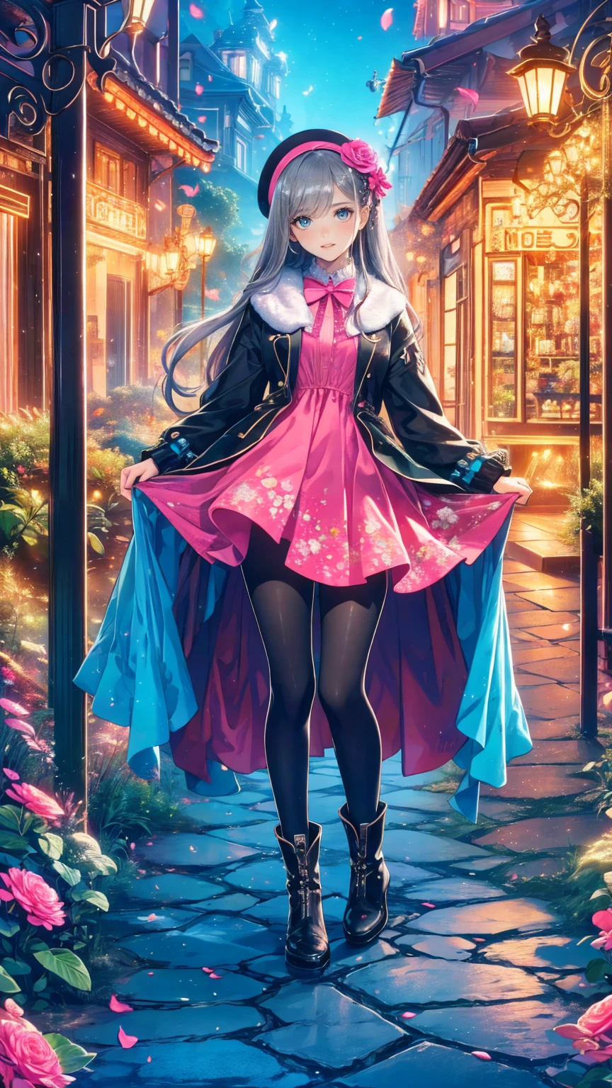 ( masterpiece : 1.2), (   very detailed: 1.2), (   very detailed CG: 1.2), (   high image quality: 1.2), (最   high image quality), 8k,   animated illustration  , 、   beautiful girls、とても cute天使、   pink gothic dress 、 cute、*********、smile、   long skirt、  Black Long Boots  、grey pink pants  ，Turquoise Eye， cute女性 *****，street，  Candy Store  ， sign，European Buildings，Slate pavement，Rose flower，
