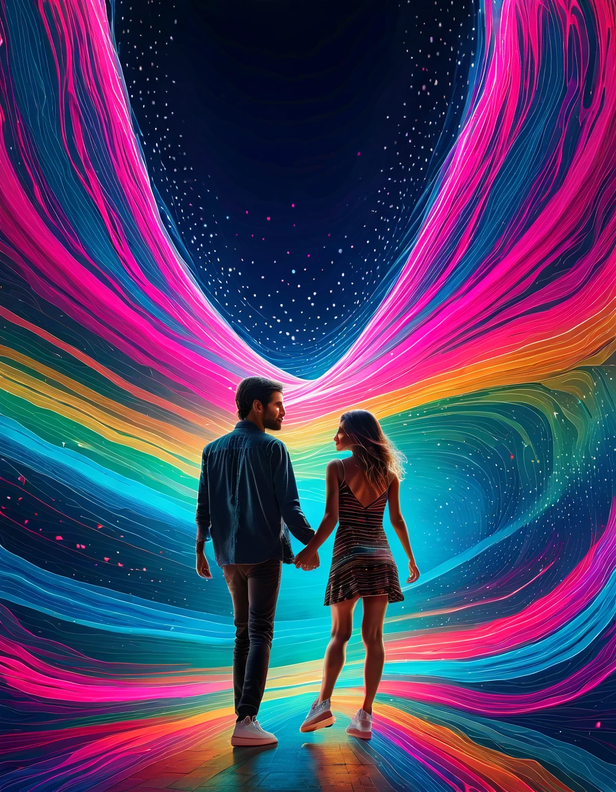 An enigmatic visualization of a the couple enjoying rock n roll dancing immense scale within Möbius Strip Realities, layered with Quantum Probability Waves and manifested via Psychedelic Synesthesia Encoding, pulsing with neon pink and electric cyan rhythms