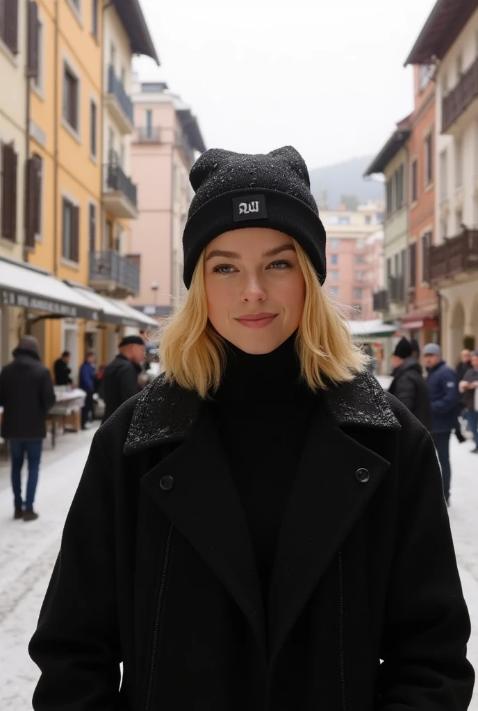 Milly Alcock, blonde hair,black beanie, black winter jacket, turtleneck sweater, small smile, in the  city of Como 