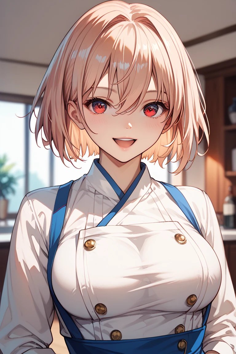 alice, anime art style, 1girl, solo, breasts, looking_at_viewer, smile, short_hair, open_mouth, large_breasts, red_eyes, hair_between_eyes, upper_body, white_hair, :d, blurry, chef