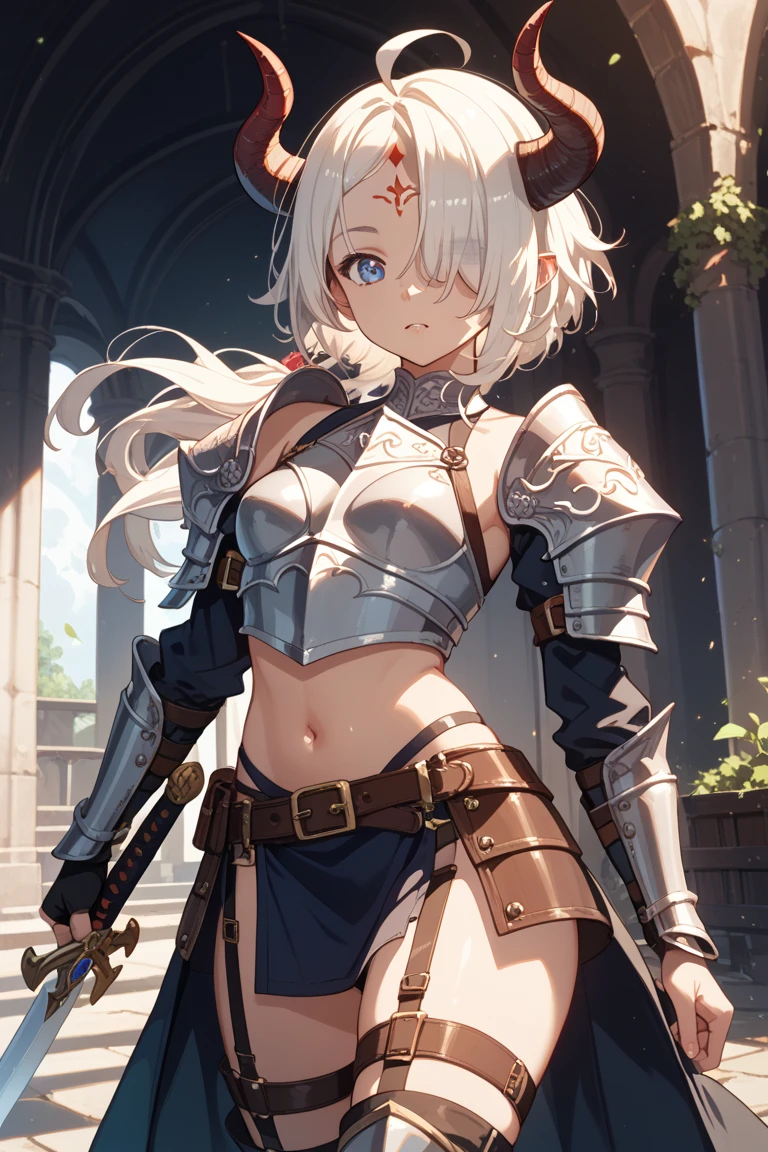 (masterpiece:1.2), (highest quality:1.2), perfect eyes, perfect face, perfect lighting, middle ages, grassland, Rock Shade, , 1boy, blonde, red eye, ((((((hair over one eye)))))), a braid, spiked hair, blunt bangs, bub hair, Ahoge,, (((white bikini armor))), cute eyes, , ((glaring)), (((disdain))), orgasm , ahegao, abs, Small breasts, Ready your sword, Holding a round shield, skirt Knee socks, scared, Sweat, open mouth