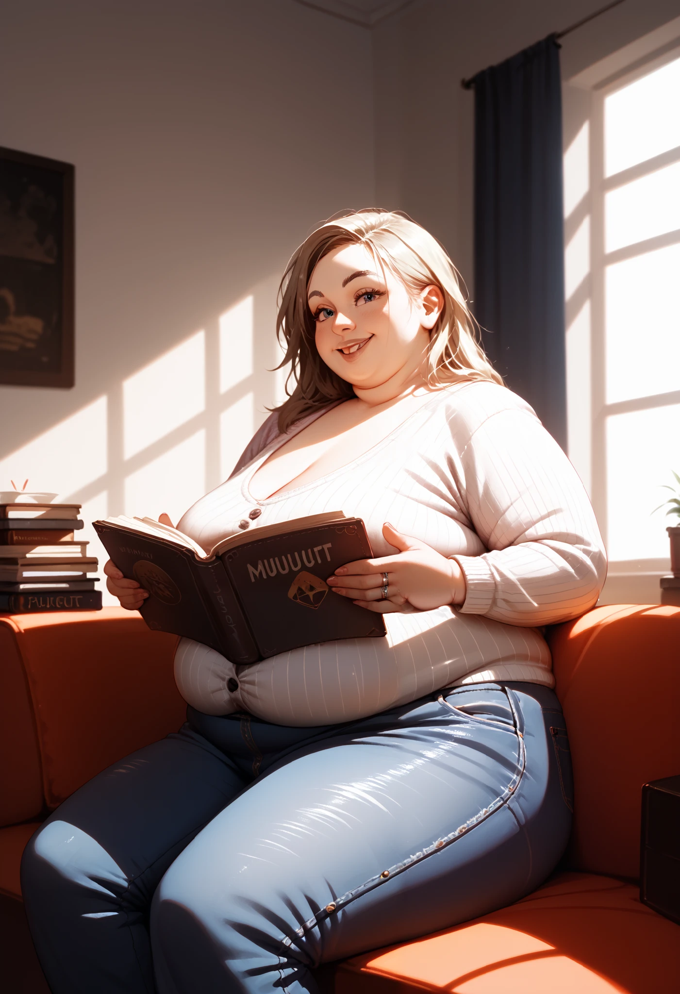 One plump girl, , bottom heavy, belly overhang, reading a book, volumetric lighting, (detailed background), (inside a dark bar) skinny jeans, (small smile, arched eyebrow), regal nose, large upper lip, small eyes, (mullet hairstyle), wearing silver rings on her fingers, one hand on her belly, mullet hair, cardigan, 
mullet-cut, obese girl