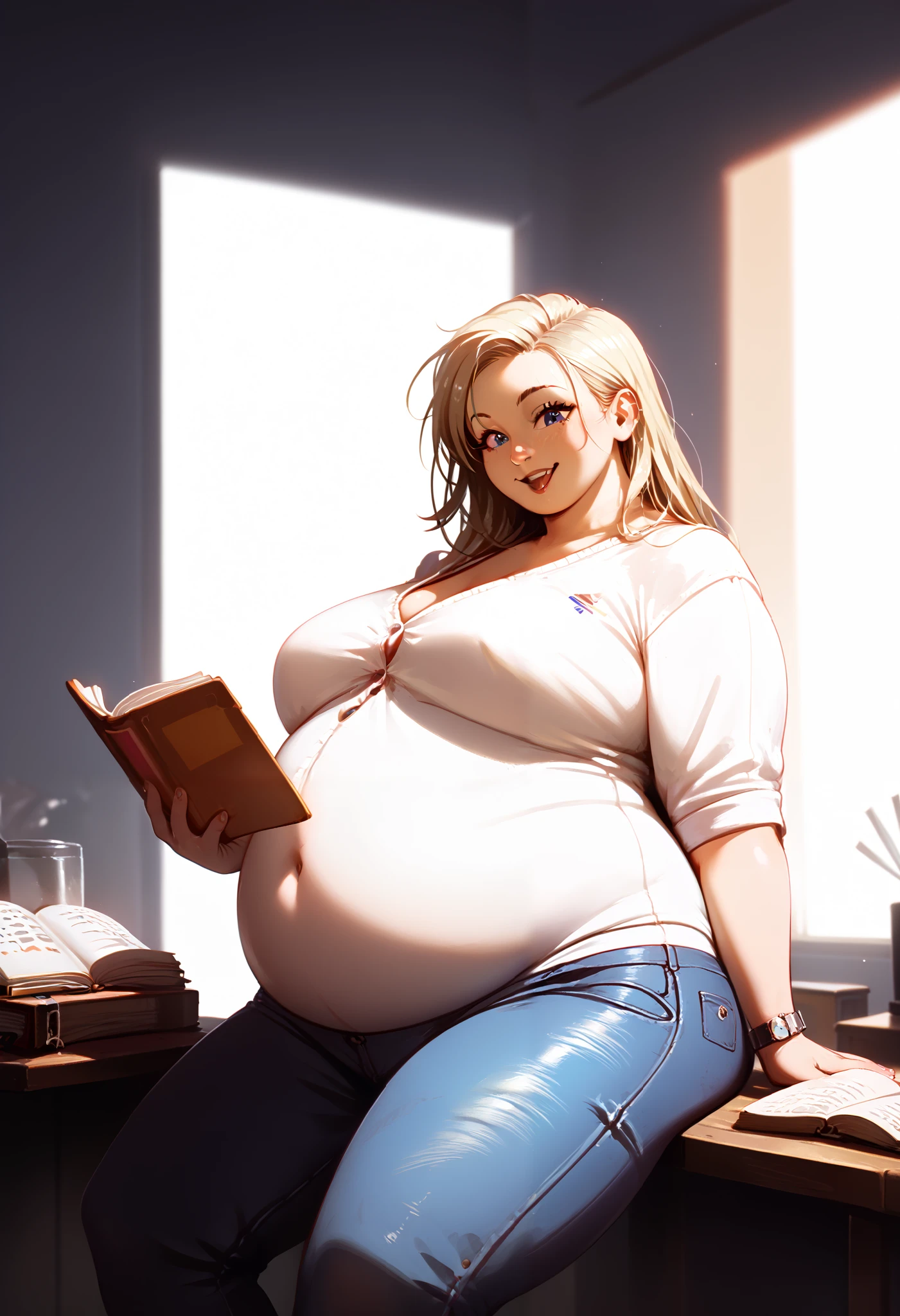 One plump girl, , bottom heavy, belly overhang, reading a book, volumetric lighting, (detailed background), (inside a dark bar) skinny jeans, (small smile, arched eyebrow), regal nose, large upper lip, small eyes, (mullet hairstyle), wearing silver rings on her fingers, one hand on her belly, mullet hair, cardigan, 
mullet-cut, obese girl