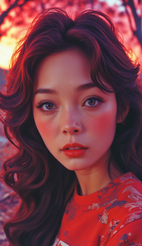  Close-up from waist to head :
 A beautiful young Korean woman .
 red hair , floor-length , Curls, Travel, fluttering.
 crystal blue eyes , incandescent.
 Full and voluminous lips in red color . 
makeup.
toys.
Casaco de moletom red com o logo da "coca-cola".
 jeans "Levis ", tight,  logo showing the entire contour and volume of the body . 
Chameleon-colored sneakers . 
 Está olhando e apontando para o céu.
 In the background a sparkling sunset , obfuscating,  orange gradient , red, lilac.
Corpo inteiro. 
(anime style 32K, 3d, HDR, UHD, intricate detail, extremely intricate detail, hyperrealistic, extremely realistic, high quality,   vivid color  , extremely detailed).