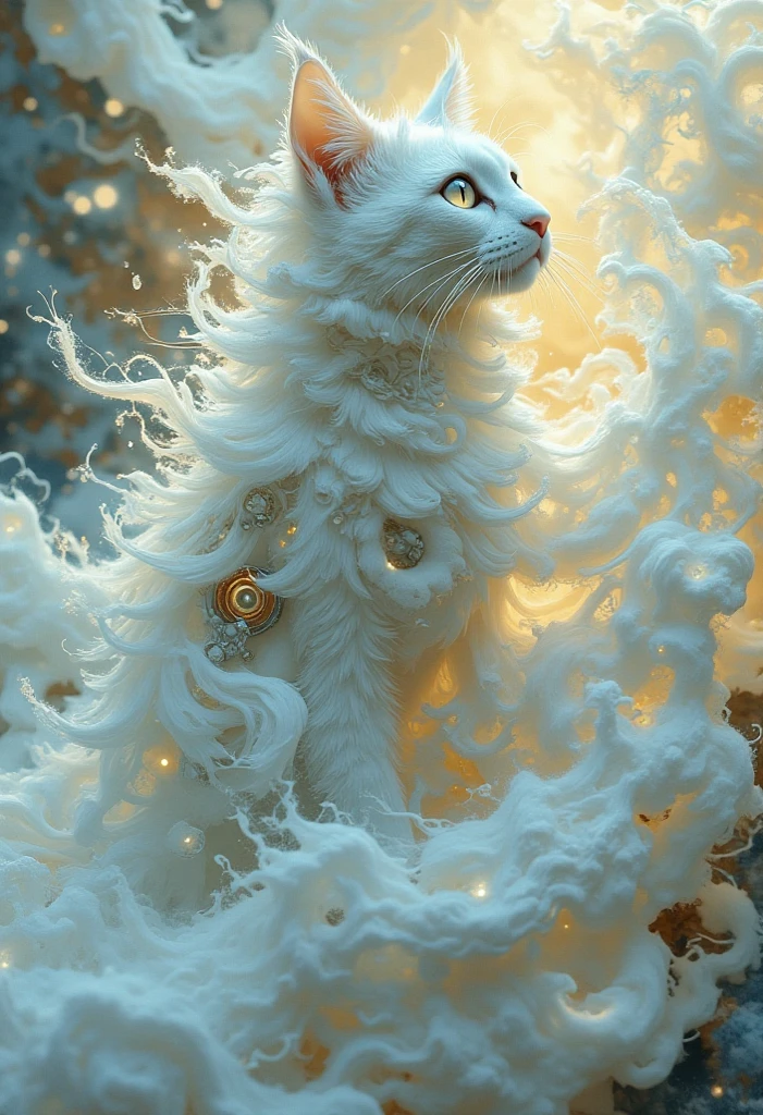 Futuristic,  complicated, organic,  mechanical elements integrated into the cat's design . The cat、 seems to merge with swirling things 、 flowing white hair ,  has a cloud-like texture , And cat skin 、 The overall beauty、 cyberpunk fusion ,  and fantasy , Shine,  has otherworldly highlights and soft ,  dreamy background . The atmosphere is mysterious,  elegant , universe、galaxy
