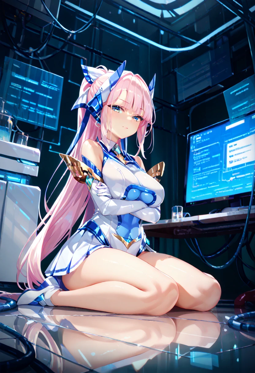  Blake Waliza ,  crossed arms,  sitting,On the floor,
Laboratory,holographic monitor,mechanical,
Stimulate,
 break 1 girl ,
,  Magical Girl ,  pink hair,  long hair,  ponytail,   hair accessories , Big Breasted  ,  leotards,  elbow gloves, thighs,, score_9,score_8_  up,score_7_  up,  Source_Anime, top quality ,masterpiece,uncensored zpdXL ,