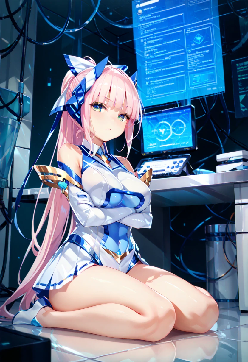  Blake Waliza ,  crossed arms,  sitting,On the floor,
Laboratory,holographic monitor,mechanical,
Stimulate,
 break 1 girl ,
,  Magical Girl ,  pink hair,  long hair,  ponytail,   hair accessories , Big Breasted  ,  leotards,  elbow gloves, thighs,, score_9,score_8_  up,score_7_  up,  Source_Anime, top quality ,masterpiece,uncensored zpdXL ,