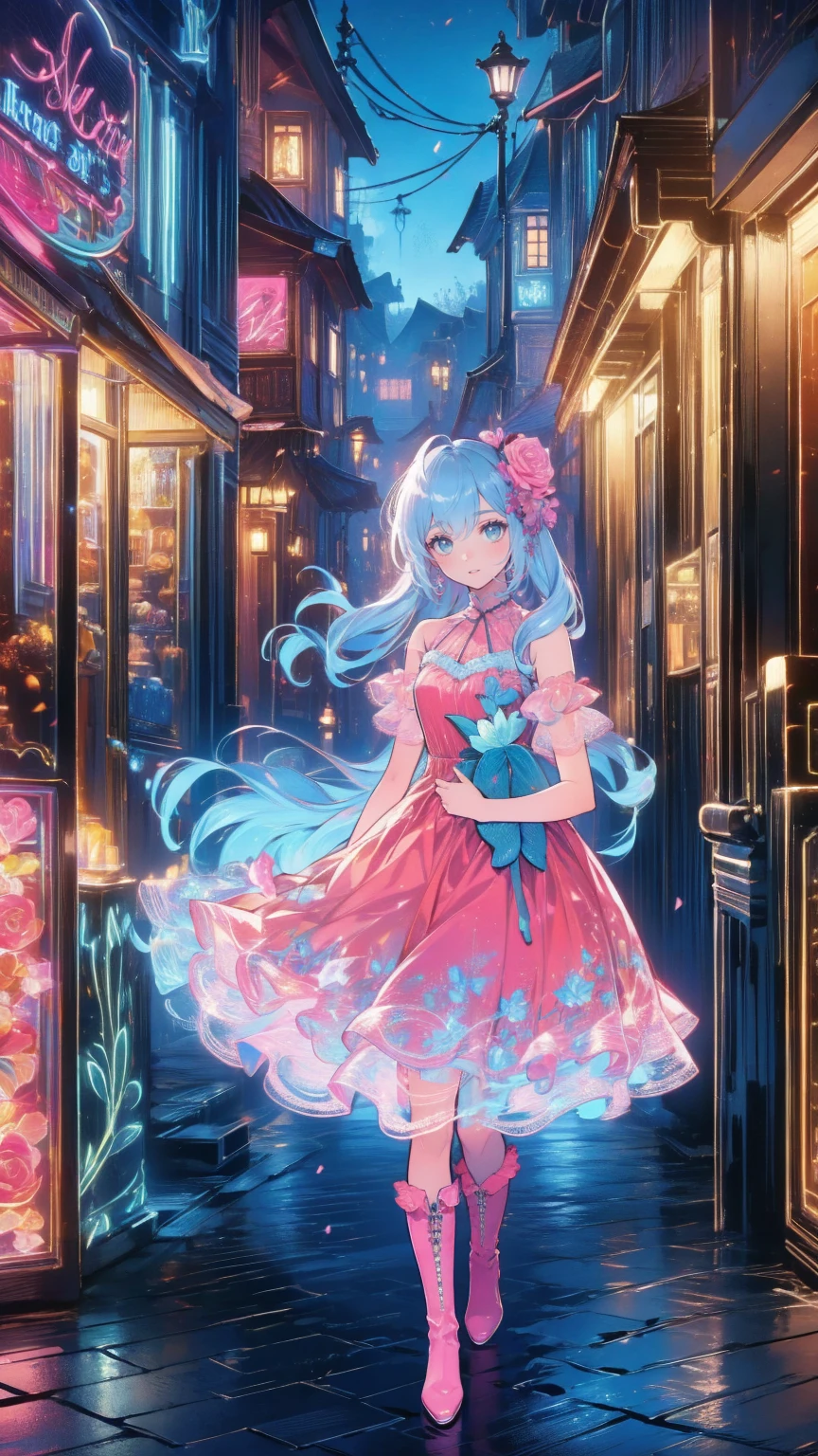 ( masterpiece : 1.2), (   very detailed: 1.2), (   very detailed CG: 1.2), (   high image quality: 1.2), (最   high image quality), 8k,   animated illustration  , 、   beautiful girls、とても cute天使、   pink gothic dress 、 cute、*********、smile、   long skirt、  Black Long Boots  、grey pink pants  ，Turquoise Eye， cute女性 *****，street，  Candy Store  ， sign，European Buildings，Slate pavement，Rose flower，
