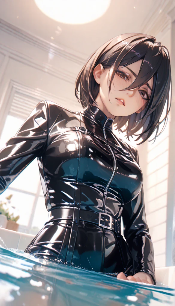 Wearing a black gothic dress, Wearing black latex gloves, Cute Japan girl face, Sanpaku eyes, slender, A dark-haired, Short Bob, Wear lace-up boots, I have a riding whip in my hand, pale complexion