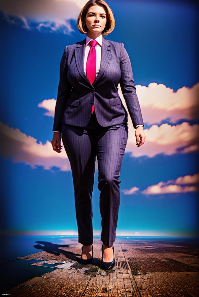 view from outer space of an approaching young giga giantess, Giantess art, 500 miles tall giga giantess, young sophisticated and stylish woman in a light grey italian pinstriped double breasted trouser suit, form fitting crisp office shirt, and a large wide pink necktie in a windsor knot, with a beautiful, curvaceous figure, large natural breasts, and short blonde pixie hair, with a curvaceous figure and massive breasts. wearing blue rounded court high heels with uncovered feet and standing, rampage-like pose, with a city skyscrapers background of mega-city, skyscapers, bright daylight, cloudy atmosphere. The image is a high-resolution, masterpiece-quality, cinematic, ultra-detailed, and hyper-photorealistic photograph, with perfect hands, face, and lighting. ultra-detailed, 8K, photo-realistic, hyper-realistic, masterpiece, intricate details, full body view. Looking pasted camera, The image is a high-resolution, masterpiece-quality, cinematic, ultra-detailed, and hyper-photorealistic photograph, with perfect hands, face, and lighting. ultra-detailed, 8K, photo-realistic, hyper-realistic, masterpiece, intricate details, from high above