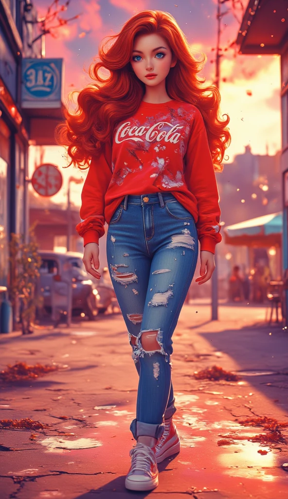  A beautiful young Korean woman .
 red hair , floor-length , Curls, Travel, fluttering.
 crystal blue eyes , incandescent.
 Full and voluminous lips in red color . 
makeup.
toys.
Casaco de moletom red com o logo da "coca-cola".
 jeans "Levis ", tight,  logo showing the entire contour and volume of the body . 
Chameleon-colored sneakers . 
He is smiling.
 full body .
 In the background a sparkling sunset , obfuscating,  orange gradient , red, lilac. 
(anime style 32K, 3d, HDR, UHD, intricate detail, extremely intricate detail, hyperrealistic, extremely realistic, high quality,   vivid color  , extremely detailed).