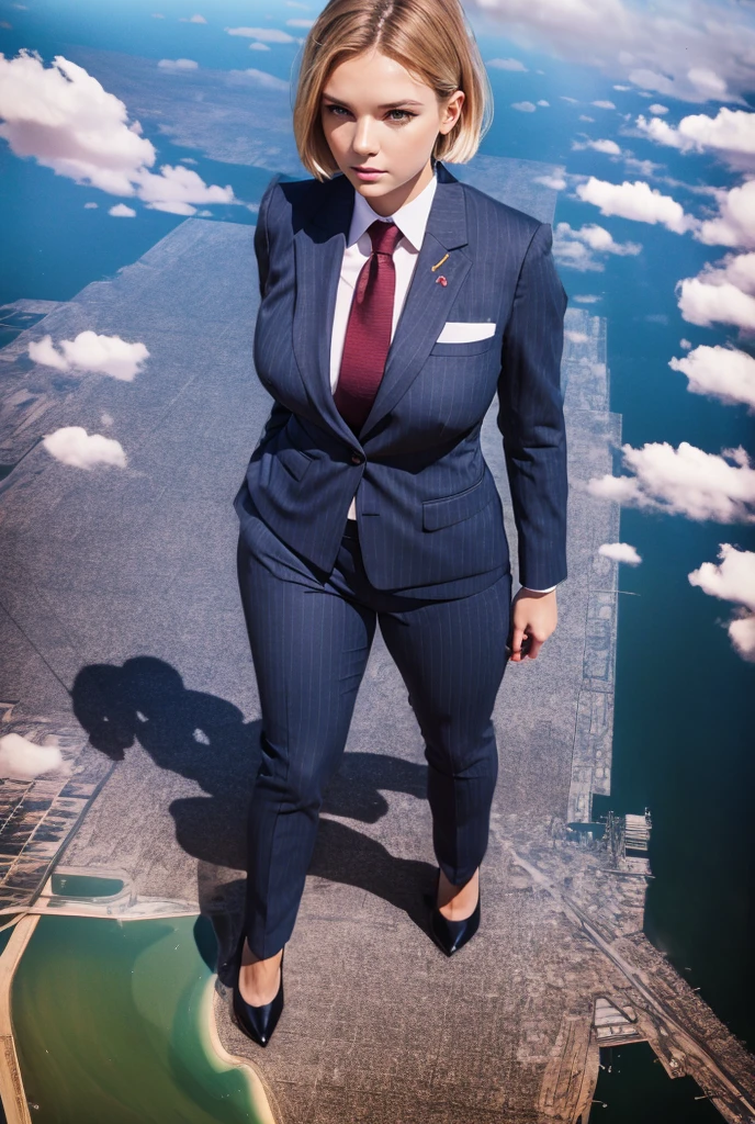 view from outer space of an approaching young giga giantess, Giantess art, 500 miles tall giga giantess, young sophisticated and stylish woman in a light grey italian pinstriped double breasted trouser suit, form fitting crisp office shirt, and a large wide pink necktie in a windsor knot, with a beautiful, curvaceous figure, large natural breasts, and short blonde pixie hair, with a curvaceous figure and massive breasts. wearing blue rounded court high heels with uncovered feet and standing, rampage-like pose, with a city skyscrapers background of mega-city, skyscapers, bright daylight, cloudy atmosphere. The image is a high-resolution, masterpiece-quality, cinematic, ultra-detailed, and hyper-photorealistic photograph, with perfect hands, face, and lighting. ultra-detailed, 8K, photo-realistic, hyper-realistic, masterpiece, intricate details, full body view. Looking pasted camera, The image is a high-resolution, masterpiece-quality, cinematic, ultra-detailed, and hyper-photorealistic photograph, with perfect hands, face, and lighting. ultra-detailed, 8K, photo-realistic, hyper-realistic, masterpiece, intricate details, from high above