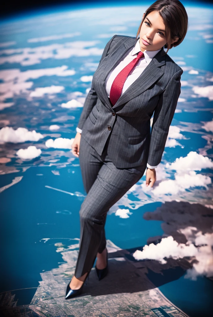 view from outer space of an approaching young giga giantess, Giantess art, 500 miles tall giga giantess, young sophisticated and stylish woman in a light grey italian pinstriped double breasted trouser suit, form fitting crisp office shirt, and a large wide pink necktie in a windsor knot, with a beautiful, curvaceous figure, large natural breasts, and short blonde pixie hair, with a curvaceous figure and massive breasts. wearing blue rounded court high heels with uncovered feet and standing, rampage-like pose, with a city skyscrapers background of mega-city, skyscapers, bright daylight, cloudy atmosphere. The image is a high-resolution, masterpiece-quality, cinematic, ultra-detailed, and hyper-photorealistic photograph, with perfect hands, face, and lighting. ultra-detailed, 8K, photo-realistic, hyper-realistic, masterpiece, intricate details, full body view. Looking pasted camera, The image is a high-resolution, masterpiece-quality, cinematic, ultra-detailed, and hyper-photorealistic photograph, with perfect hands, face, and lighting. ultra-detailed, 8K, photo-realistic, hyper-realistic, masterpiece, intricate details, from high above