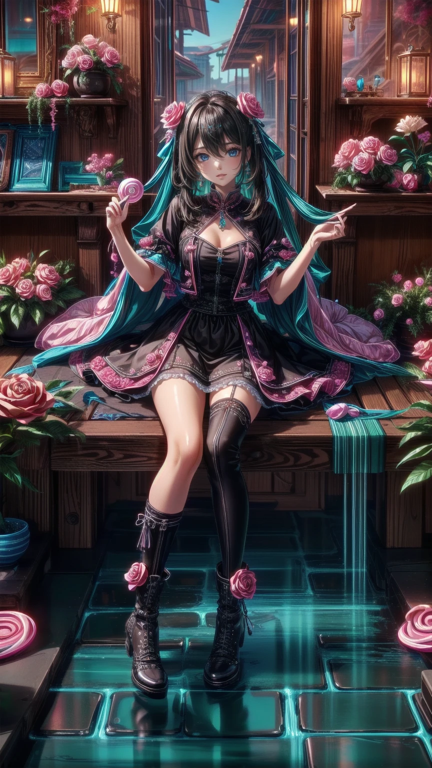 ( masterpiece : 1.2), (   very detailed: 1.2), (   very detailed CG: 1.2), (   high image quality: 1.2), (最   high image quality), 8k,   animated illustration  , 、   beautiful girls、とても cute天使、   pink gothic dress 、 cute、*********、smile、   long skirt、  Black Long Boots  、grey pink pants  ，Turquoise Eye， cute女性 *****，street，  Candy Store  ， sign，European Buildings，Slate pavement，Rose flower，
