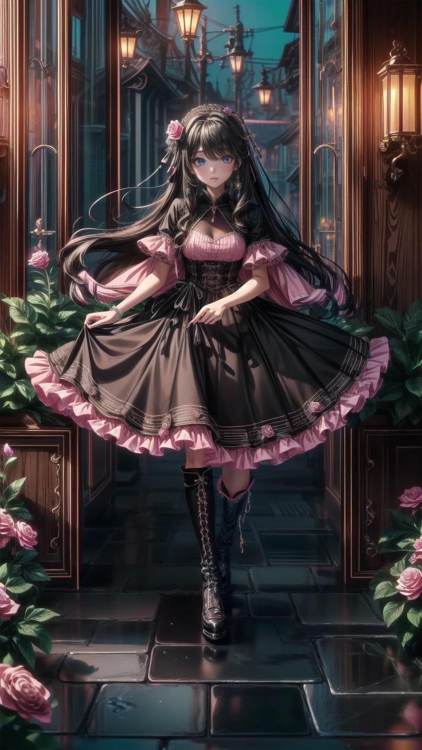 ( masterpiece : 1.2), (   very detailed: 1.2), (   very detailed CG: 1.2), (   high image quality: 1.2), (最   high image quality), 8k,   animated illustration  , 、   beautiful girls、とても cute天使、   pink gothic dress 、 cute、、smile、   long skirt、  Black Long Boots  、grey pink pants  ，Turquoise Eye， cute女性 ，street，  Candy Store  ， sign，European Buildings，Slate pavement，Rose flower，
