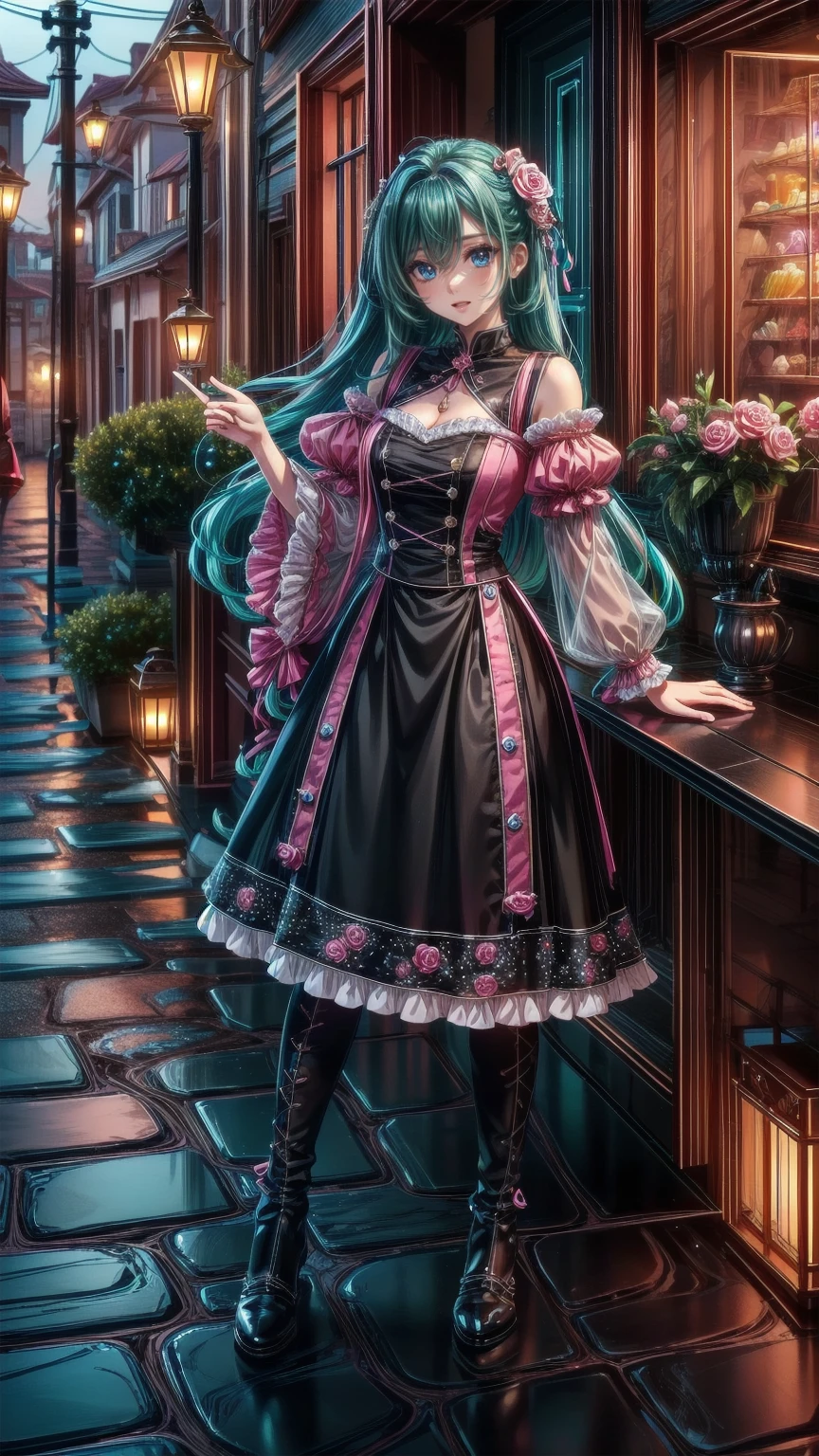 ( masterpiece : 1.2), (   very detailed: 1.2), (   very detailed CG: 1.2), (   high image quality: 1.2), (最   high image quality), 8k,   animated illustration  , 、   beautiful girls、とても cute天使、   pink gothic dress 、 cute、*********、smile、   long skirt、  Black Long Boots  、grey pink pants  ，Turquoise Eye， cute女性 *****，street，  Candy Store  ， sign，European Buildings，Slate pavement，Rose flower，
