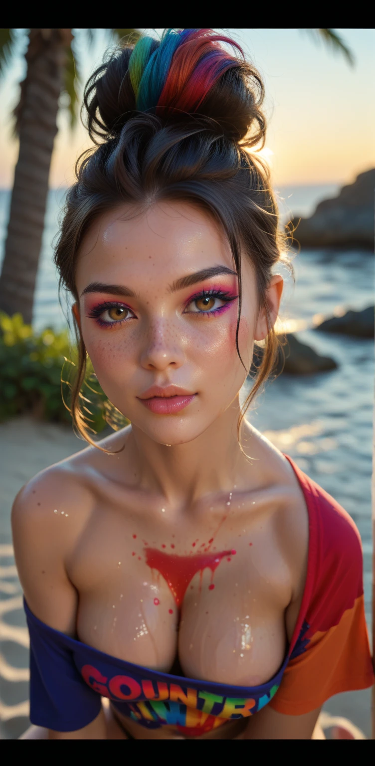 gorgeous woman, paint splatter, vibrant colours, rainbow colours, full body, gorgeous face, short rainbow hair, body paint, 23 year oldmasterpiece,best quality, highly detailed, score_9, score_8_up, score_7_up, score_6_up, score_5_up, score_4_up, Expressiveh, 1girl, 18 year old girl, lusty prostitute, looking at viewer, cute wet hair, freckles on face, ((pouty lips)), petite, slender body, large firm round breasts, erect nipples,
wet skin, cleavage, thong, lusty, submissive, kneeling, wet t-shirt, beach, ((night))