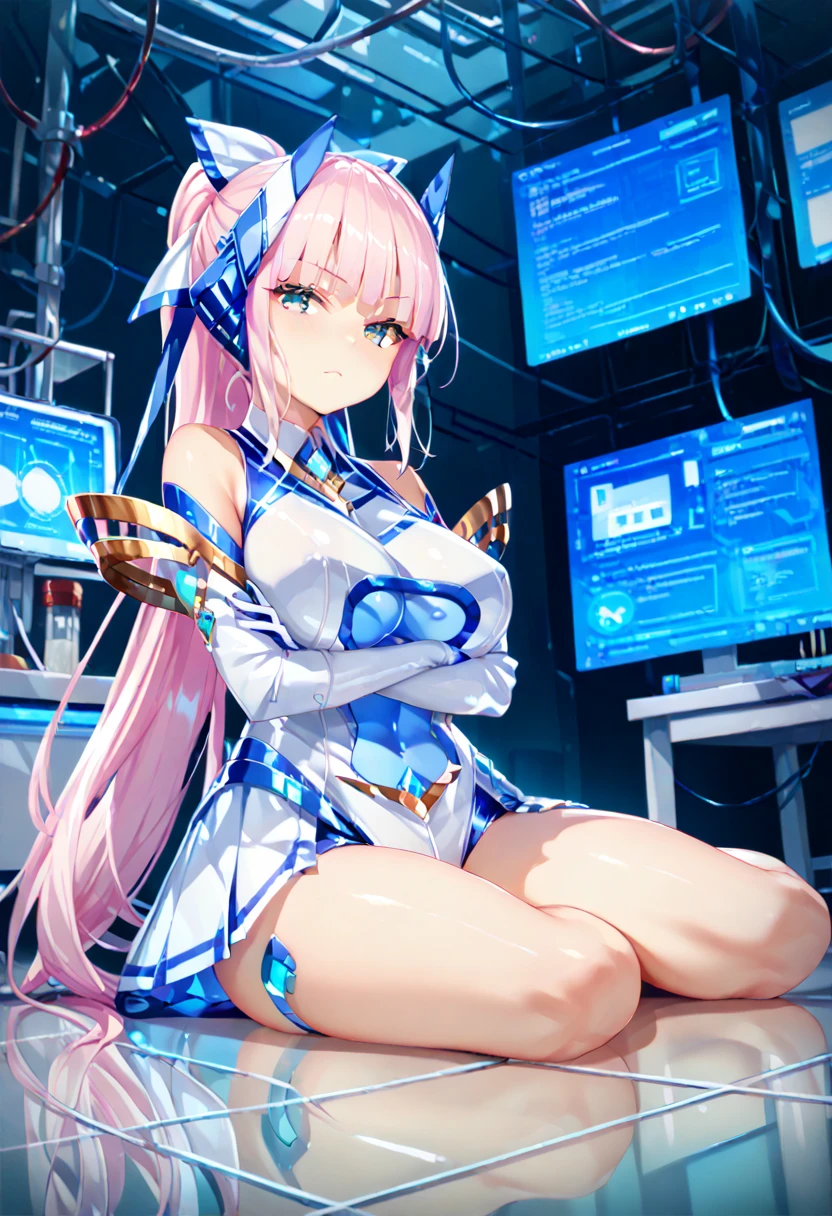  Blake Waliza ,  crossed arms,  sitting,On the floor,
Laboratory,holographic monitor,mechanical,
Stimulate,
 break 1 girl ,
,  Magical Girl ,  pink hair,  long hair,  ponytail,   hair accessories , Big Breasted  ,  leotards,  elbow gloves, thighs,, score_9,score_8_  up,score_7_  up,  Source_Anime, top quality ,masterpiece,uncensored zpdXL ,