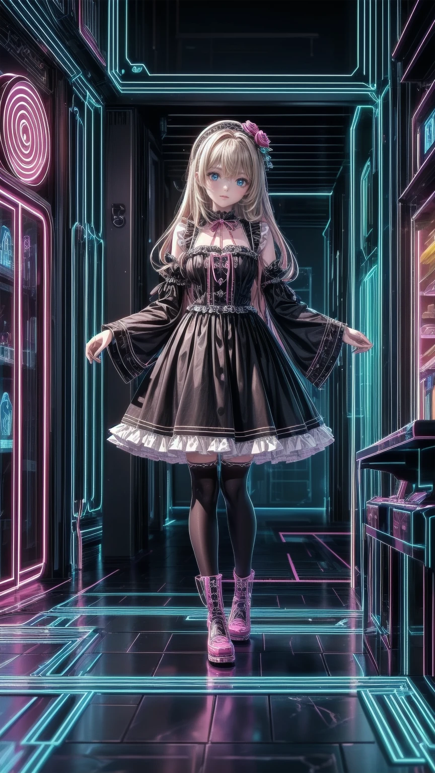 ( masterpiece : 1.2), (   very detailed: 1.2), (   very detailed CG: 1.2), (   high image quality: 1.2), (最   high image quality), 8k,   animated illustration  , 、   beautiful girls、とても cute天使、   pink gothic dress 、 cute、baby face、smile、   long skirt、  Black Long Boots  、grey pink pants  ，Turquoise Eye， cute女性 *****，street，  Candy Store  ， sign，European Buildings，Slate pavement，Rose flower，
