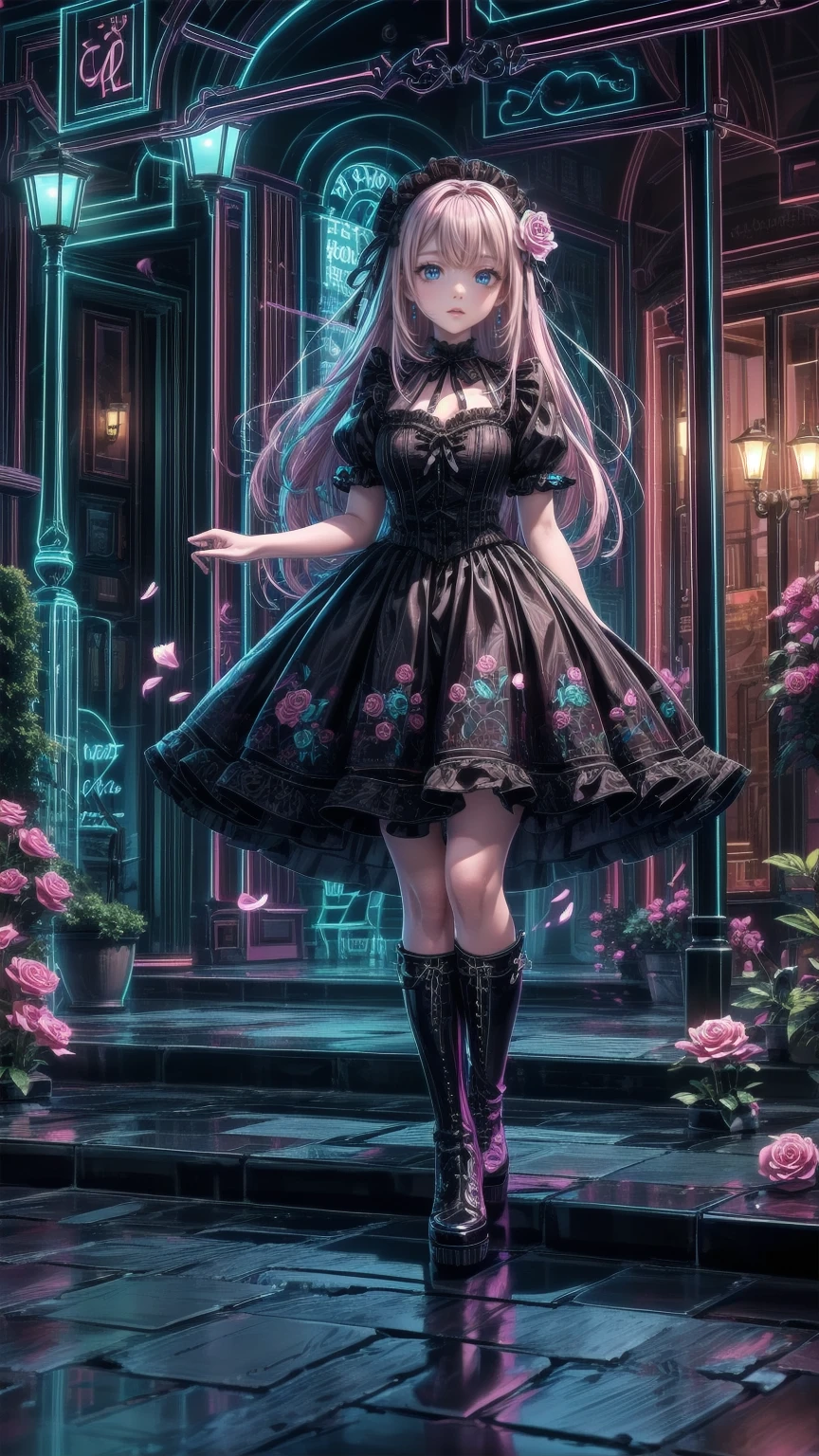 ( masterpiece : 1.2), (   very detailed: 1.2), (   very detailed CG: 1.2), (   high image quality: 1.2), (最   high image quality), 8k,   animated illustration  , 、   beautiful girls、とても cute天使、   pink gothic dress 、 cute、、smile、   long skirt、  Black Long Boots  、grey pink pants  ，Turquoise Eye， cute女性 ，street，  Candy Store  ， sign，European Buildings，Slate pavement，Rose flower，
