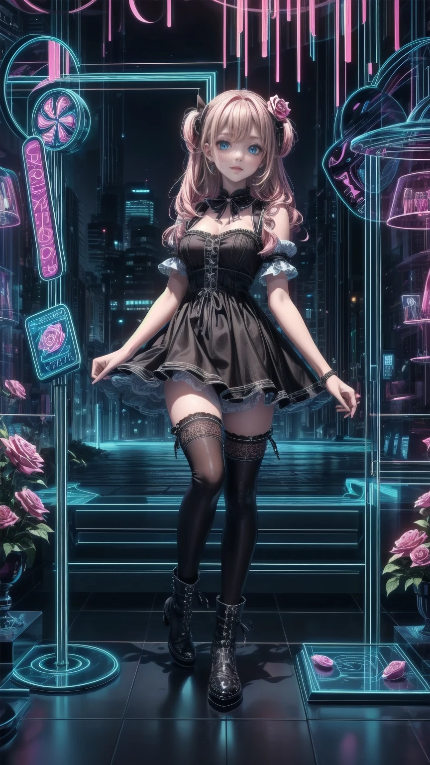 ( masterpiece : 1.2), (   very detailed: 1.2), (   very detailed CG: 1.2), (   high image quality: 1.2), (最   high image quality), 8k,   animated illustration  , 、   beautiful girls、とても cute天使、   pink gothic dress 、 cute、、smile、   long skirt、  Black Long Boots  、grey pink pants  ，Turquoise Eye， cute女性 ，street，  Candy Store  ， sign，European Buildings，Slate pavement，Rose flower，
