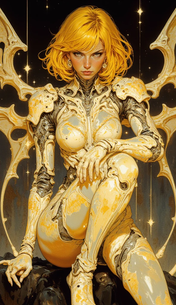 1girl, solo, gold hair, android, joints, robot joints, gold eyes, very short hair, sitting, looking at viewer, wings,  mechanical parts, knee up, science fiction, robot girl, black background, glowing, parted lips, mechanical wings, colored skin, from side, gold skin, robot, (gold skin, metallic skin:1.2), gold skin, bob, zPDXL3, detailxl,  Score_PnyReal, (lineless:1.5)