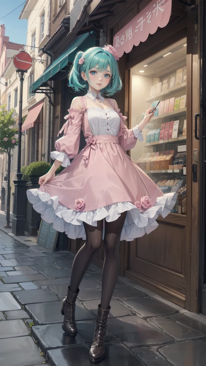 ( masterpiece : 1.2), (   very detailed: 1.2), (   very detailed CG: 1.2), (   high image quality: 1.2), (最   high image quality), 8k,   animated illustration  , 、   beautiful girls、とても cute天使、   pink gothic dress 、 cute、*********、smile、   long skirt、  Black Long Boots  、grey pink pants  ，Turquoise Eye， cute女性 *****，street，  Candy Store  ， sign，European Buildings，Slate pavement，Rose flower，
