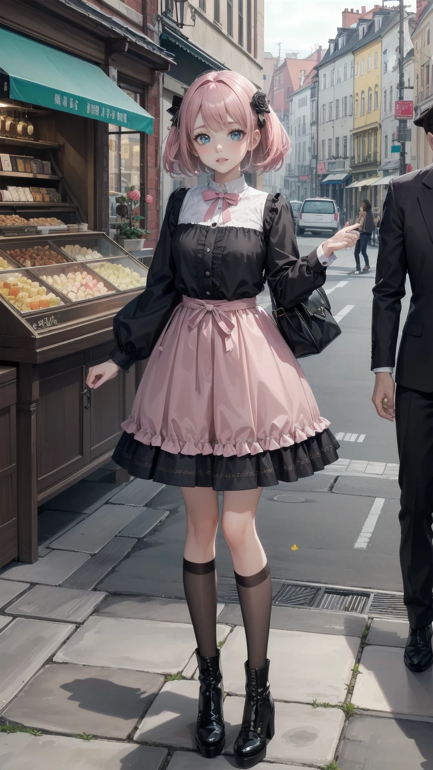 ( masterpiece : 1.2), (   very detailed: 1.2), (   very detailed CG: 1.2), (   high image quality: 1.2), (最   high image quality), 8k,   animated illustration  , 、   beautiful girls、とても cute天使、   pink gothic dress 、 cute、*********、smile、   long skirt、  Black Long Boots  、grey pink pants  ，Turquoise Eye， cute女性 *****，street，  Candy Store  ， sign，European Buildings，Slate pavement，Rose flower，
