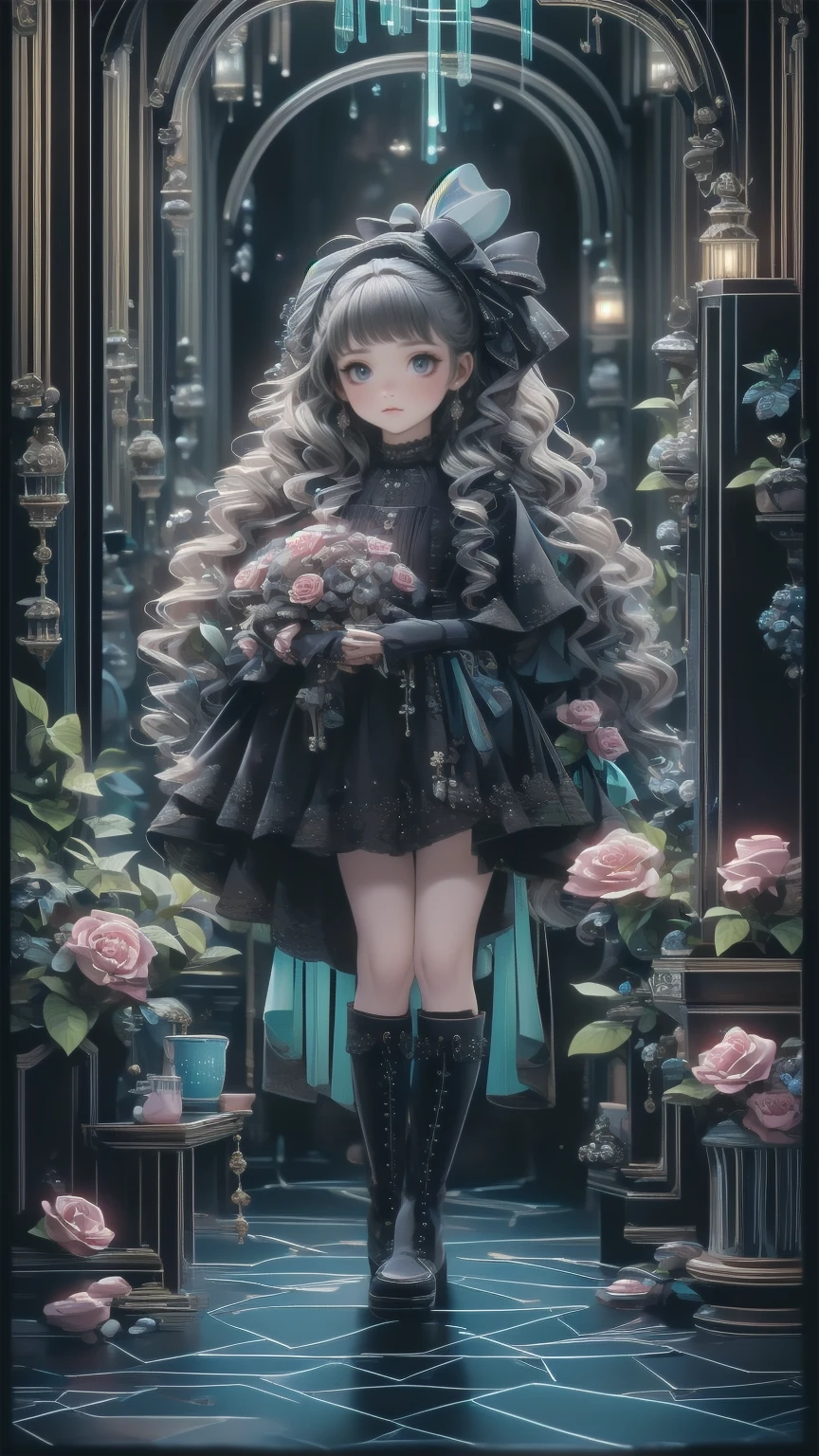 ( masterpiece : 1.2), (    very detailed: 1.2), (    very detailed CG: 1.2), (    high image quality: 1.2), (最    high image quality), 8k,    animated illustration   , 、     beautiful girl 、とても  cute天使、    pink gothic dress 、  cute、*********、smile、    long skirt、   Black Long Boots   、 grey pink pants  ，Turquoise Eye，  cute女性 *****，street，   Candy Store   ， sign，European Buildings，Slate pavement，Rose flower，
