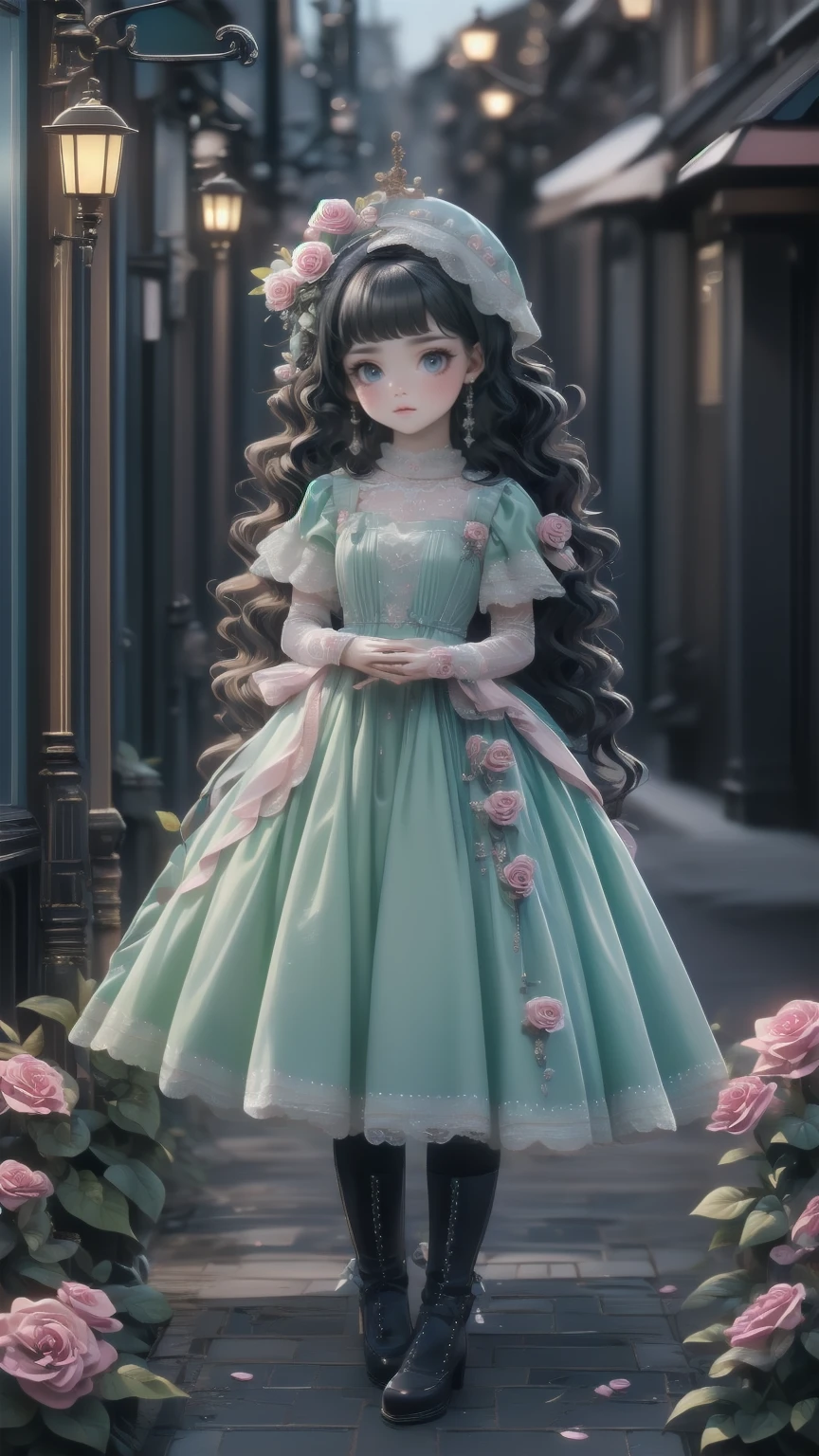 ( masterpiece : 1.2), (    very detailed: 1.2), (    very detailed CG: 1.2), (    high image quality: 1.2), (最    high image quality), 8k,    animated illustration   , 、     beautiful girl 、とても  cute天使、    pink gothic dress 、  cute、*********、smile、    long skirt、   Black Long Boots   、 grey pink pants  ，Turquoise Eye，  cute女性 *****，street，   Candy Store   ， sign，European Buildings，Slate pavement，Rose flower，
