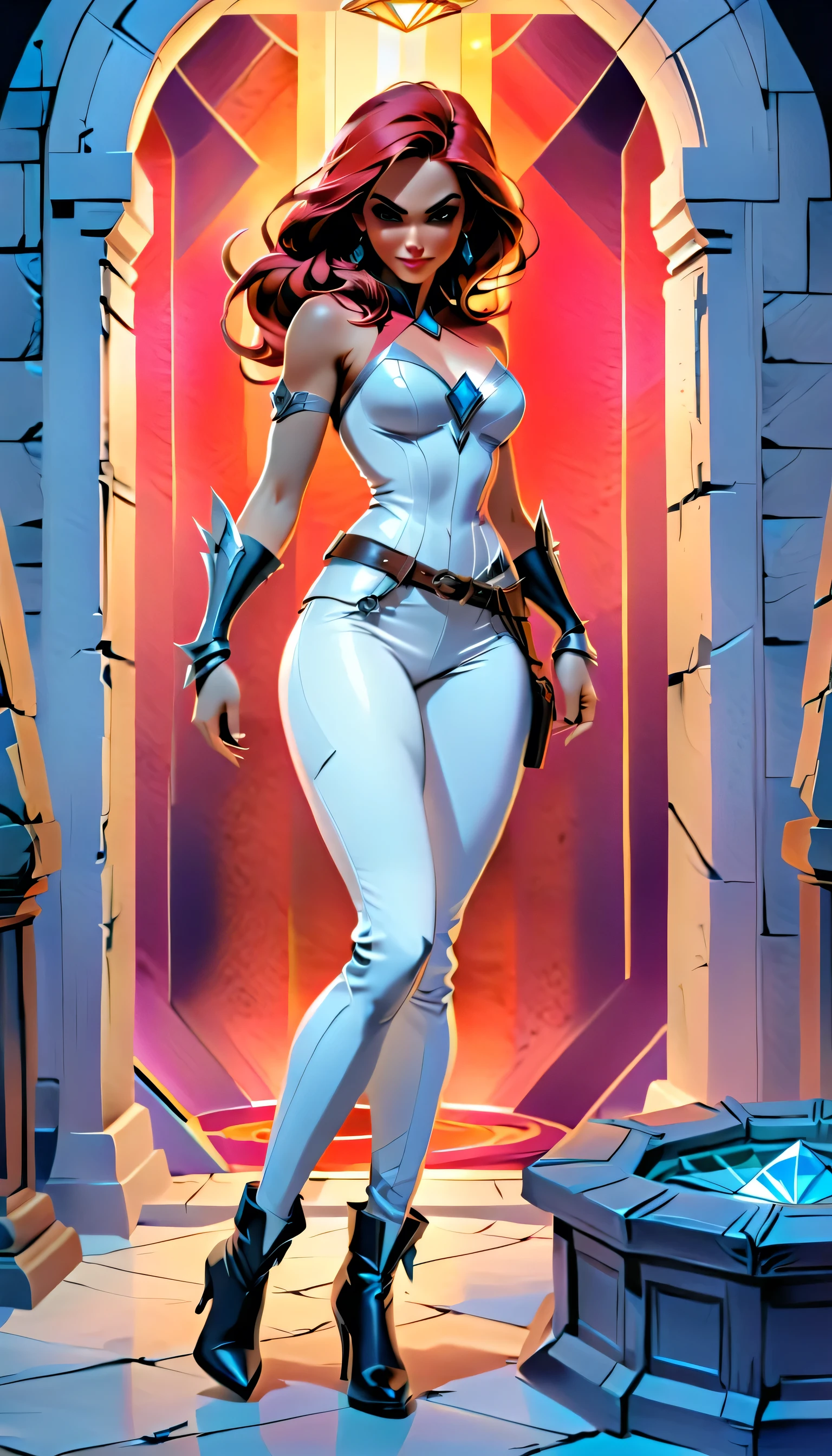a fantasy epic illustration (Julie Bell style: 1.5)) of a drow elf thief holding a large diamond in a vault, a female drow  elf thief, (black skin: 1.5), black and color, full body, (small pointy ears), dynamic hair color, dynamic hair style,  ultra detailed face, wearing white leather leotard, white leather pants, busty, small cleavage, high heel boots, she is happy for reaching her goal, success, holding a large sized (red diamond: 1.3), brilliant diamond, many facets, many colors diamond, fantasy safe vault background, torchlight, vibrant, Ultra-high resolution, High Contrast, (masterpiece:1.5), highest quality, Best aesthetics), best details, best quality, highres, 16k, [ultra detailed], masterpiece, best quality, (extremely detailed) RAW, (ultra details, Masterpiece, best quality), art by mooncryptowow, Cinematic Shot