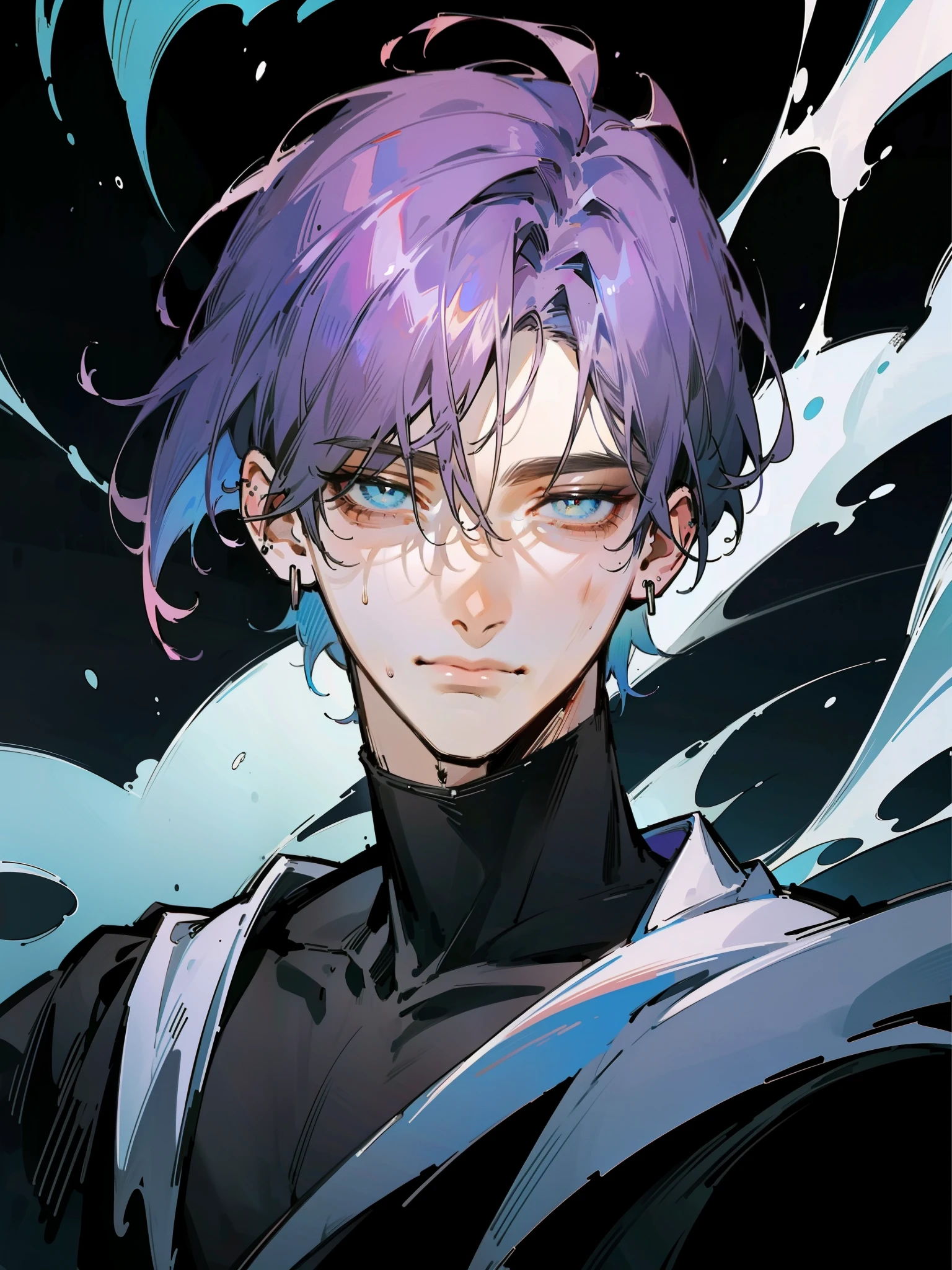 (portrait:1.3), Designed by nty, (Best quality,4K,8K,a high resolution,masterpiece:1.2),ultra, Beautiful man, Short stylish haircut, (straight fringes:1.3), dark purple hair, blue eyes, mysterious aura, mysterious expression, mystical man, (depression appearance:1.3), (Bruising under the eyes:1.3), dark magician clothes, ear piercing, Handsome, alfa, (muscular:1.2), front view, black background, shoulder level, high quality, amount of drawing, pixiv illustration, ((mature man, man 40 years old)), (square jaw), black background
